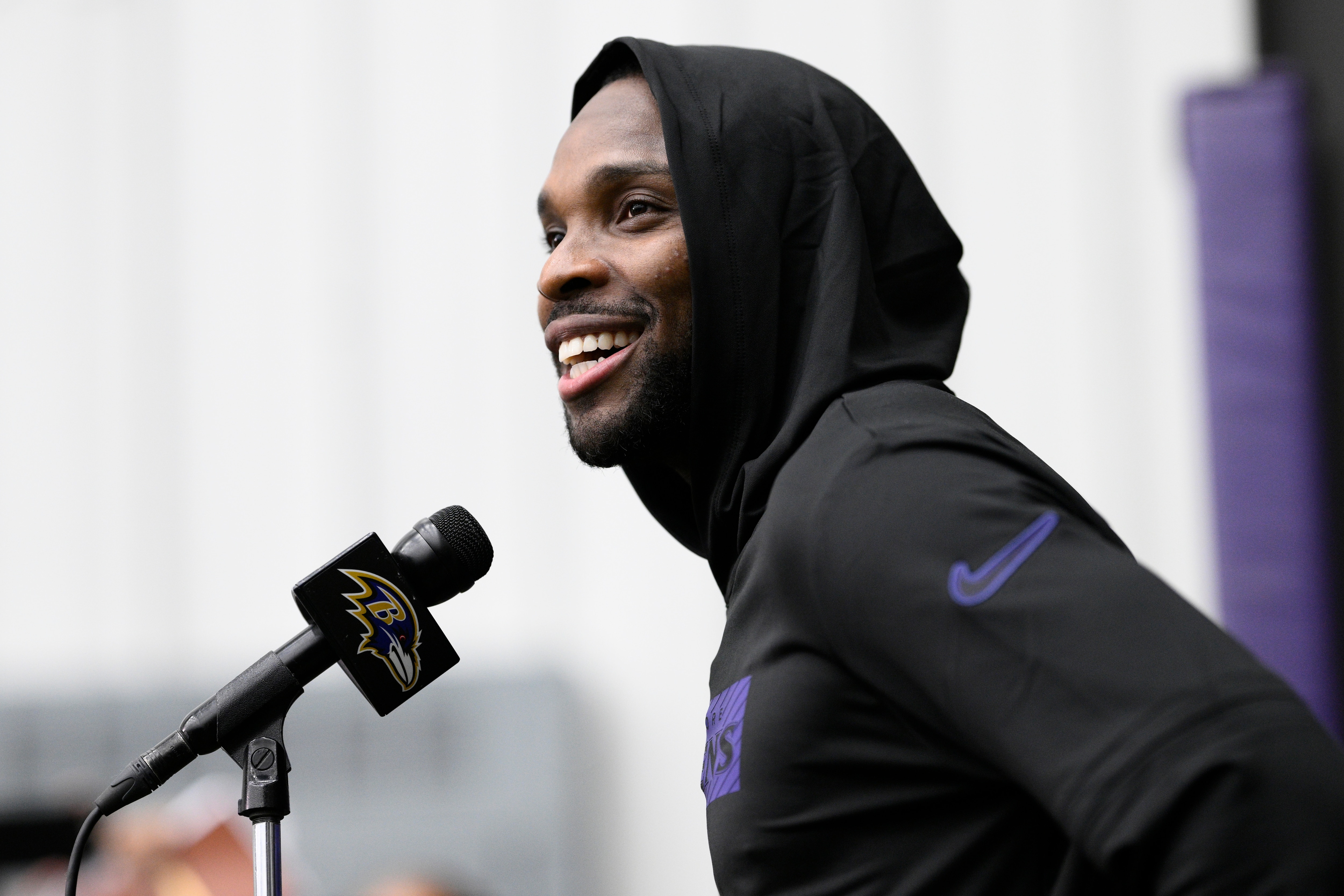 Baltimore Ravens safety Eddie Jackson talks to the media after an NFL football training camp practice, Monday, July 22, 2024, in Owings Mills, Maryland. (AP Photo/Nick Wass)