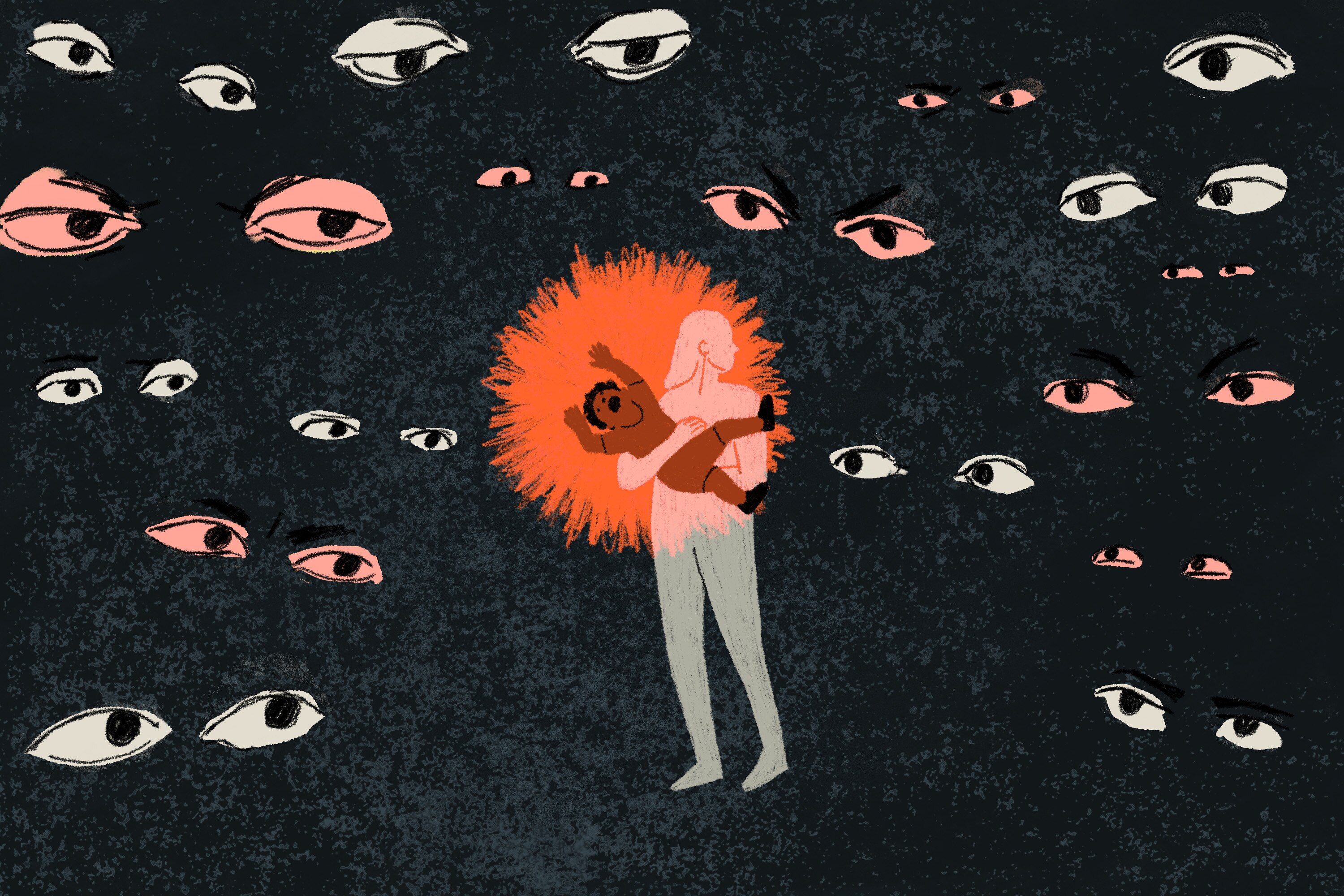 An illustration of a mother with a child having a meltdown surrounded by caring and judgmental eyes.