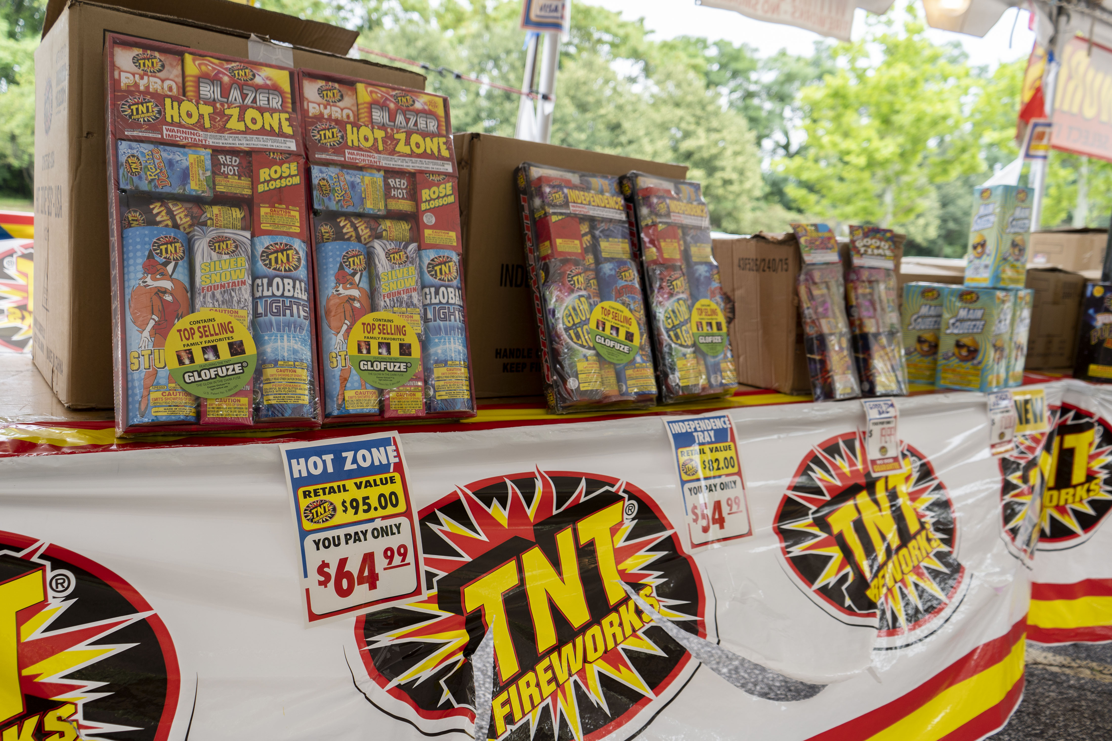 Fireworks prices at a TNT Fireworks stand in a Walmart parking lot in Catonsville, MD.