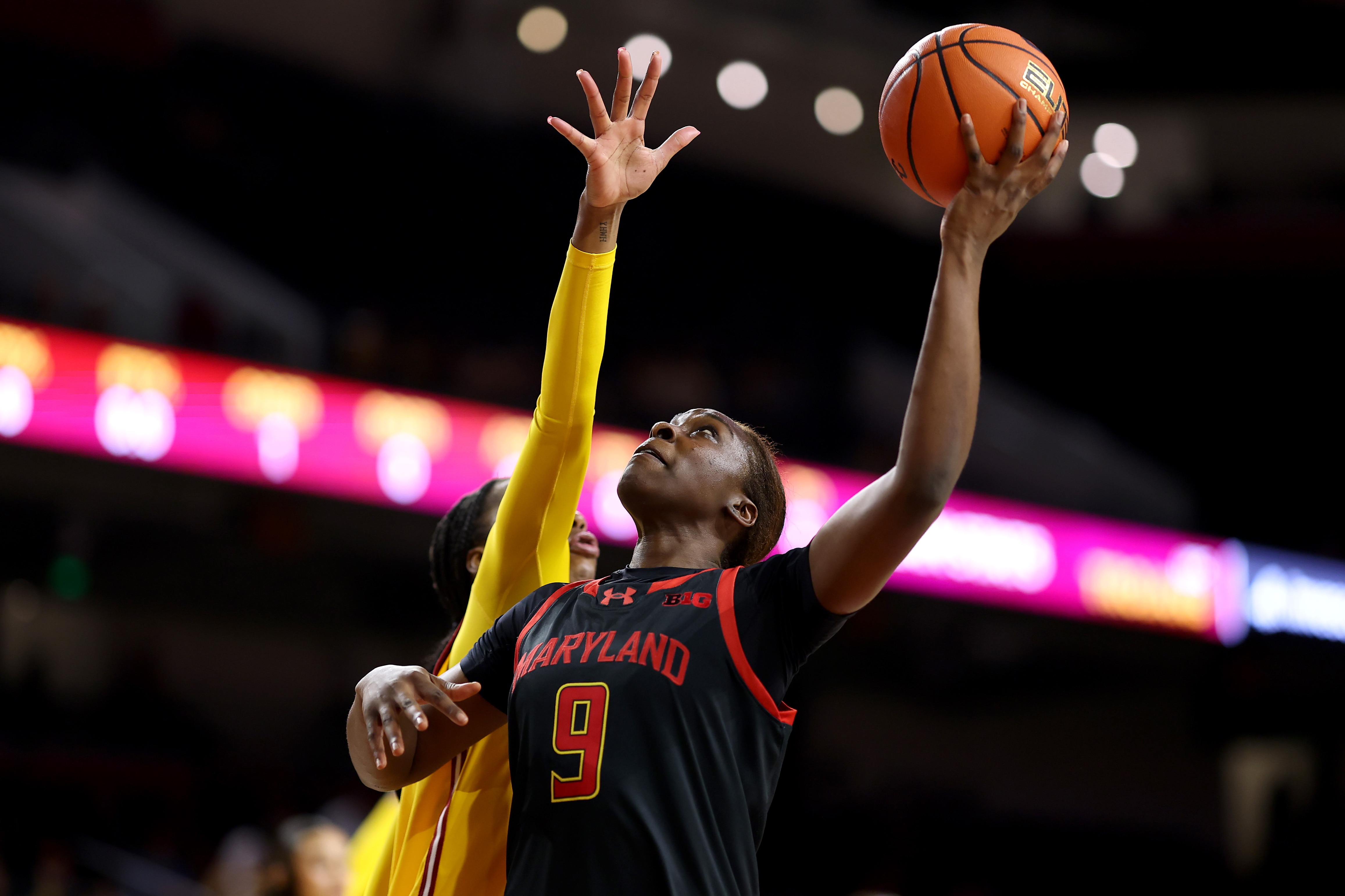 Isimenme Ozzy-Momodu of Maryland, pictured against USC, had 18 points and 12 rebounds in Thursday night’s loss to Iowa.