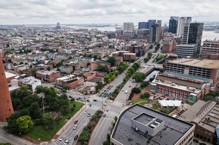 An aerial view of the Phoenix Shot Tower and the Baltimore City Skyline in Baltimore, Md. on Saturday, July 19, 2025.