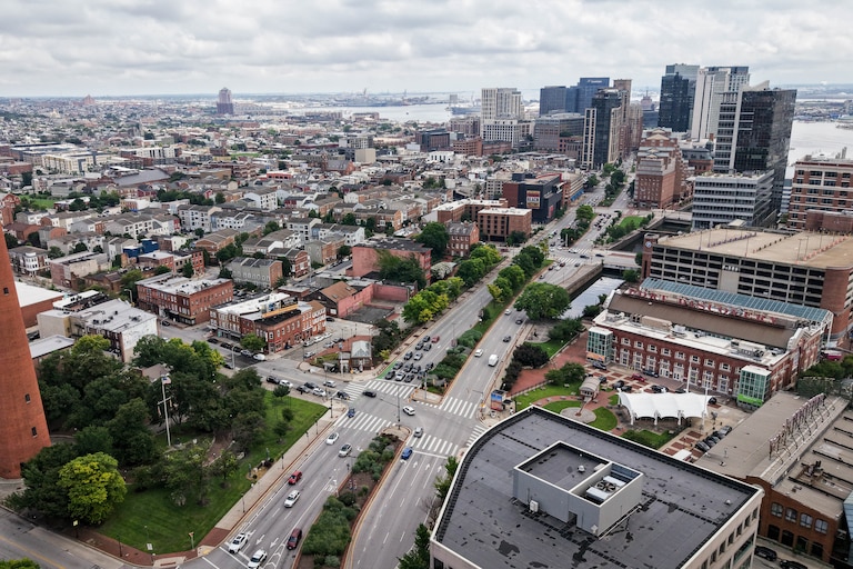 An aerial view of the Phoenix Shot Tower and the Baltimore City Skyline in Baltimore, Md. on Saturday, July 19, 2025.