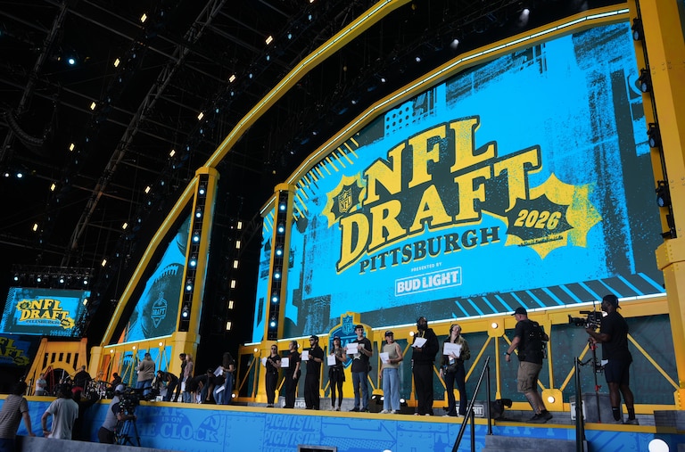 People rehearse ahead of the NFL football draft, Wednesday, April 22, 2026, in Pittsburgh.