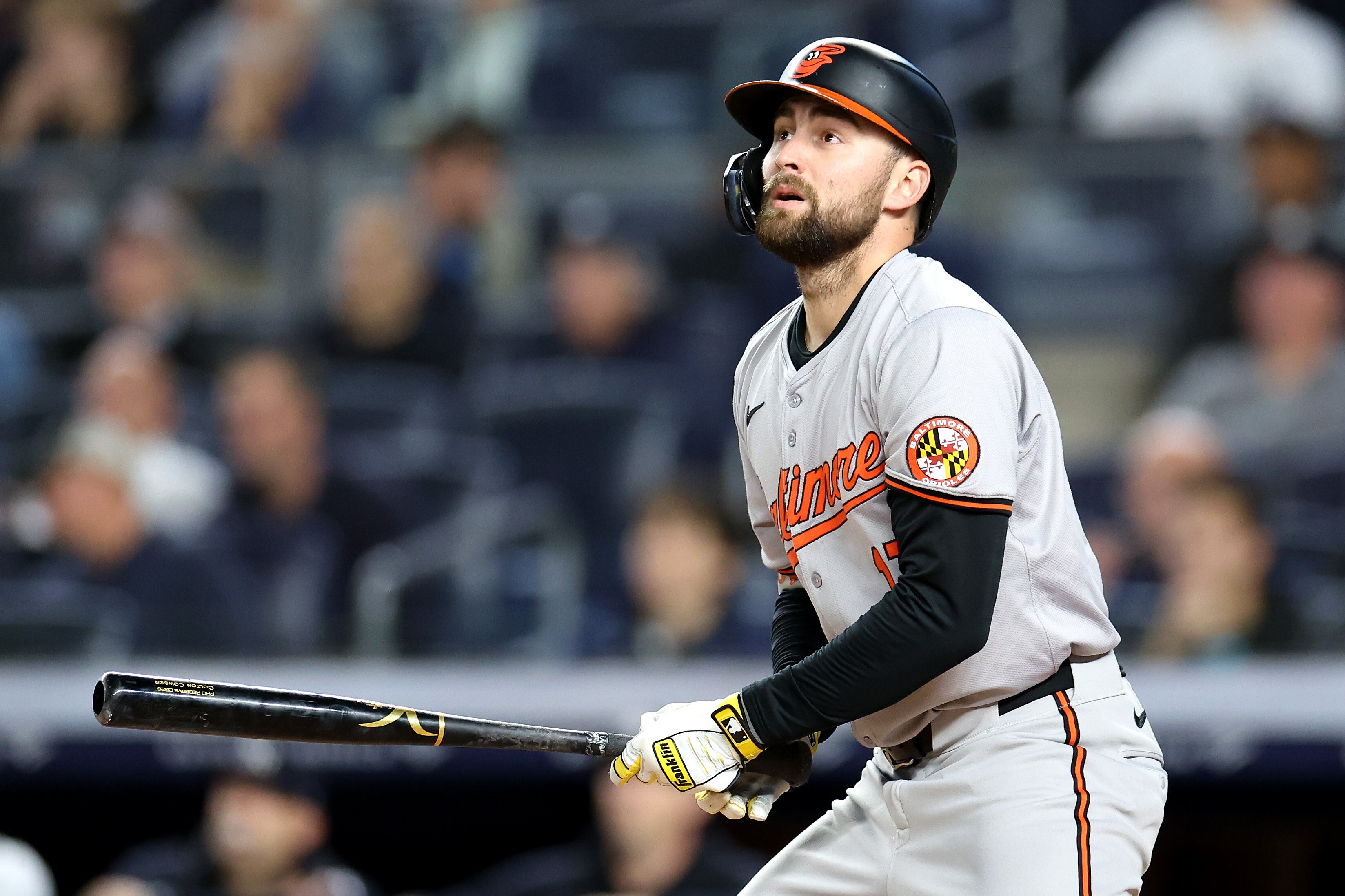 Colton Cowser #17 of the Baltimore Orioles hits a two-RBI single against the New York Yankees during the first inning at Yankee Stadium on Sept. 25, 2024, in the Bronx borough of New York City.