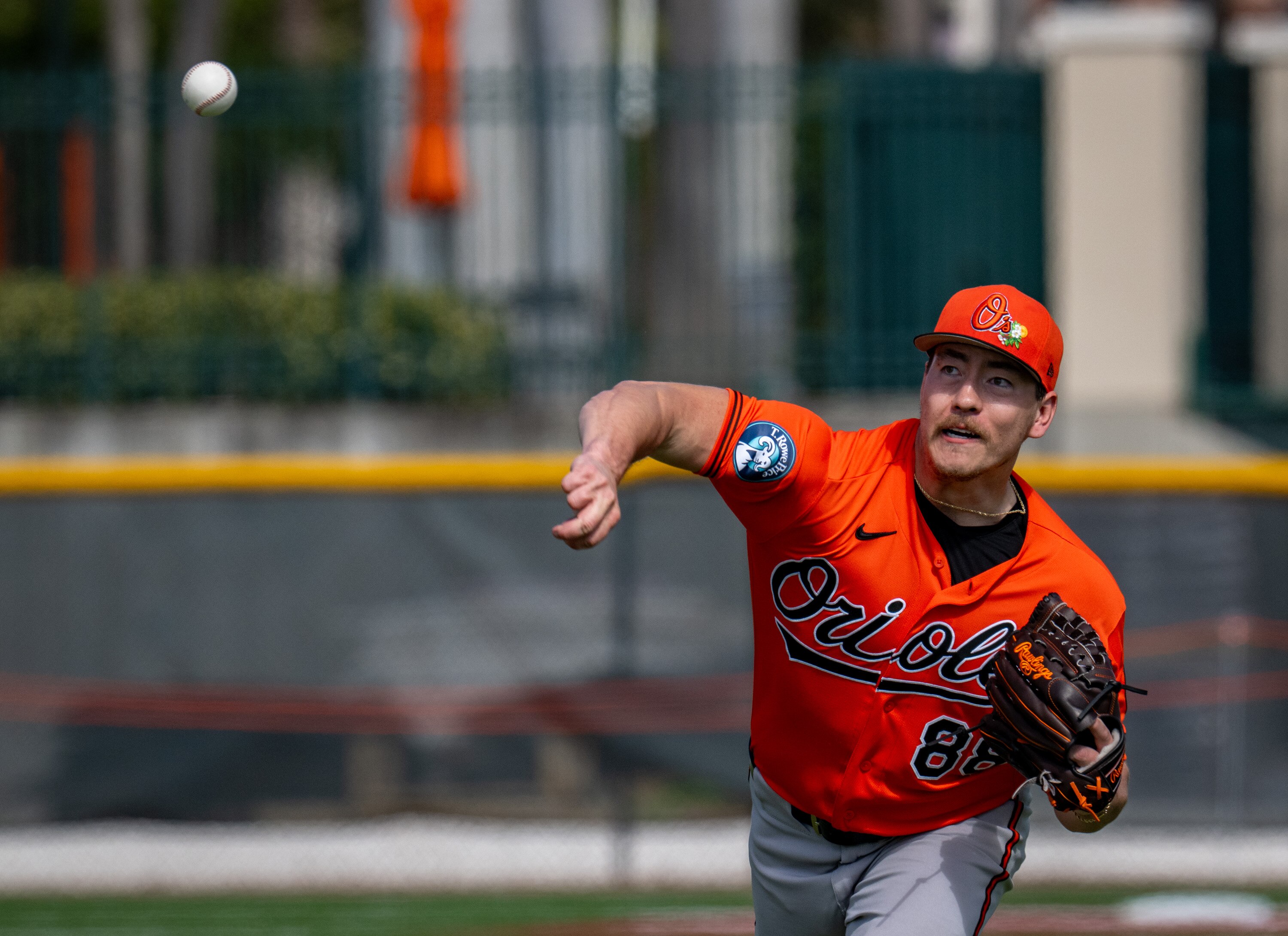 Trey Gibson, pitching during workouts on the second day of Orioles spring training, had a 4.26 ERA in 120 1/3 innings in the minor leagues last season.