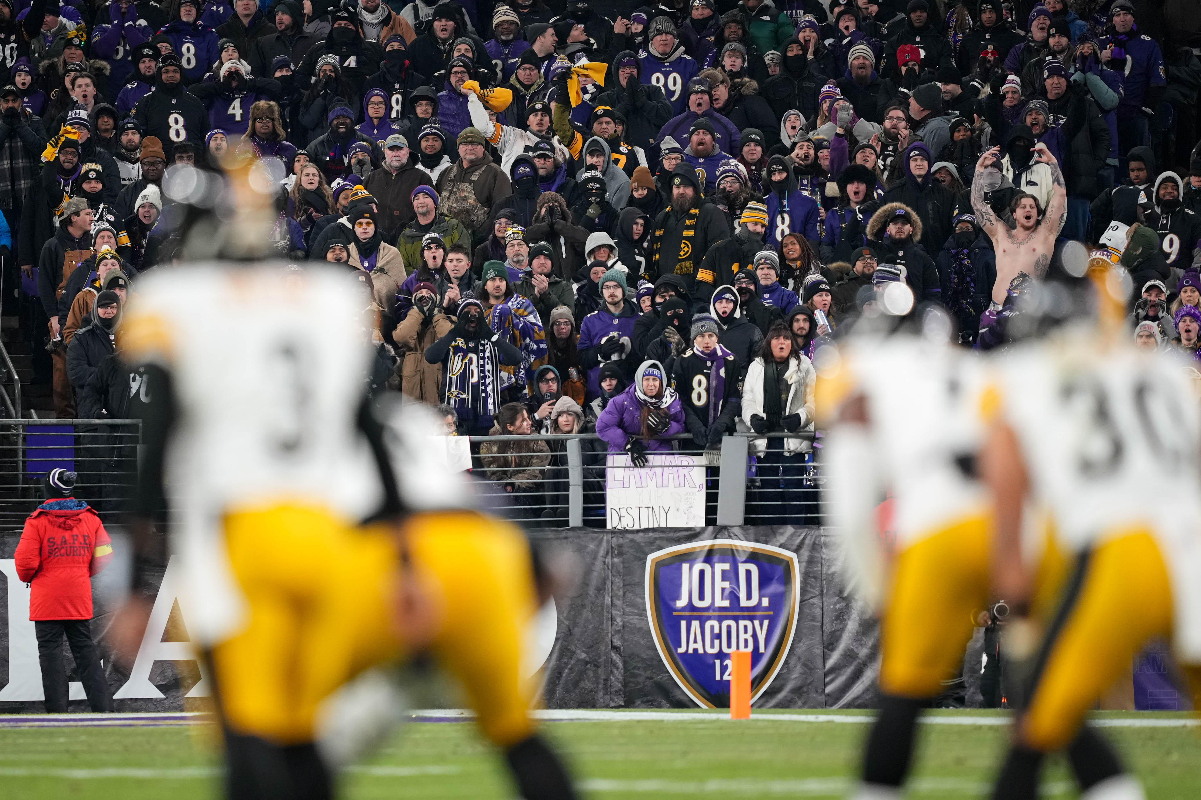 Baltimore Ravens fans get loud to distract the Pittsburgh Steelers offense in the AFC wild card playoff game at M&T Bank Stadium on Saturday, January 11, 2025.