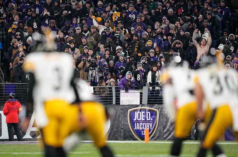 Baltimore Ravens fans get loud to distract the Pittsburgh Steelers offense in the AFC wild card playoff game at M&T Bank Stadium on Saturday, January 11, 2025.