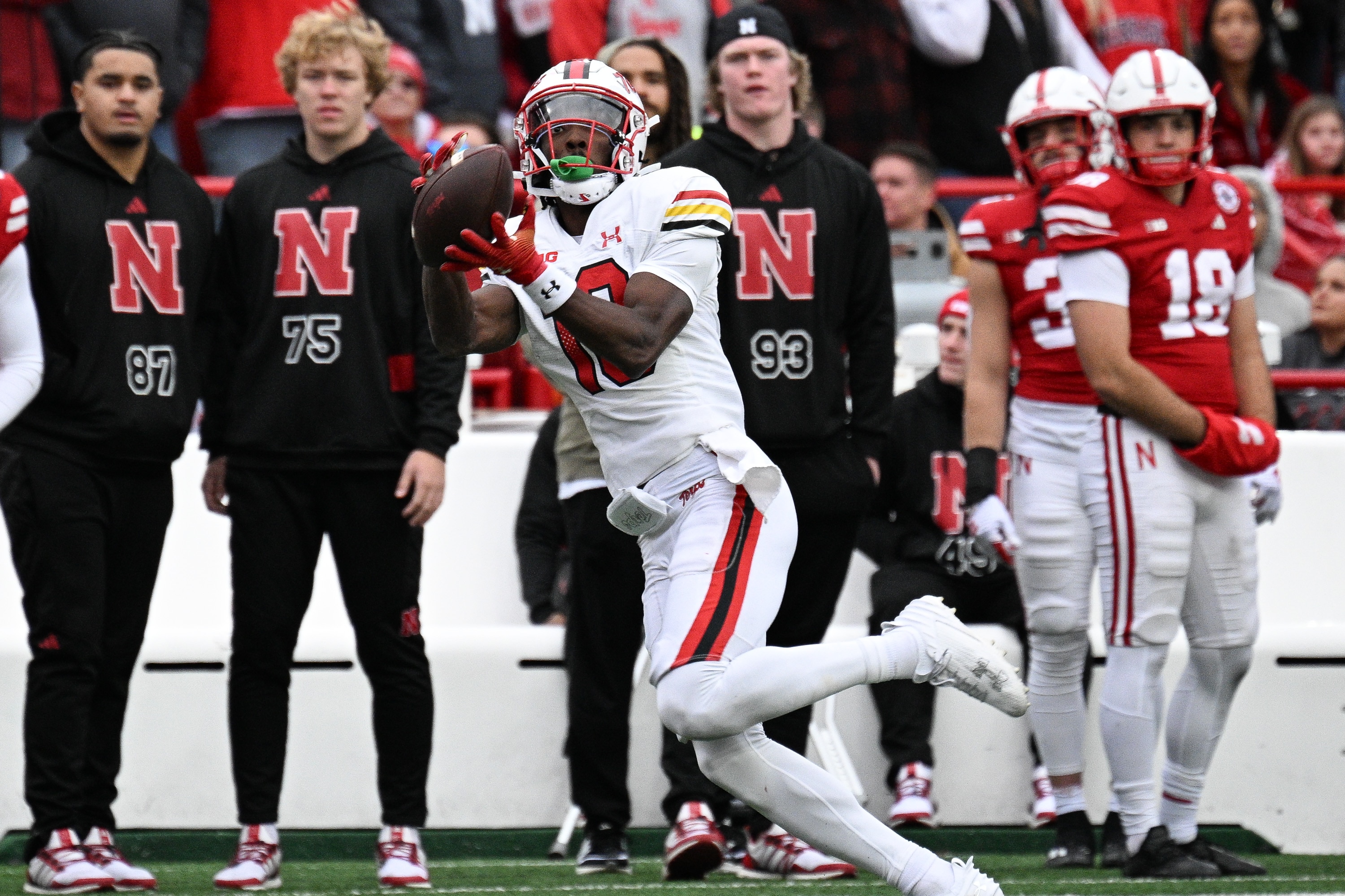 Maryland wide receiver Tai Felton catches a deep pass during the second quarter of the Terps' 13-10 win at Nebraska. Felton finished with five catches for 73 yards and a touchdown.