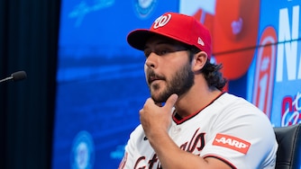Washington Nationals first-round draft pick Chris Hacopian speaks as he is introduced to the media at an MLB baseball news conference in Washington, Friday, July 24, 2026. (AP Photo/Manuel Balce Ceneta)