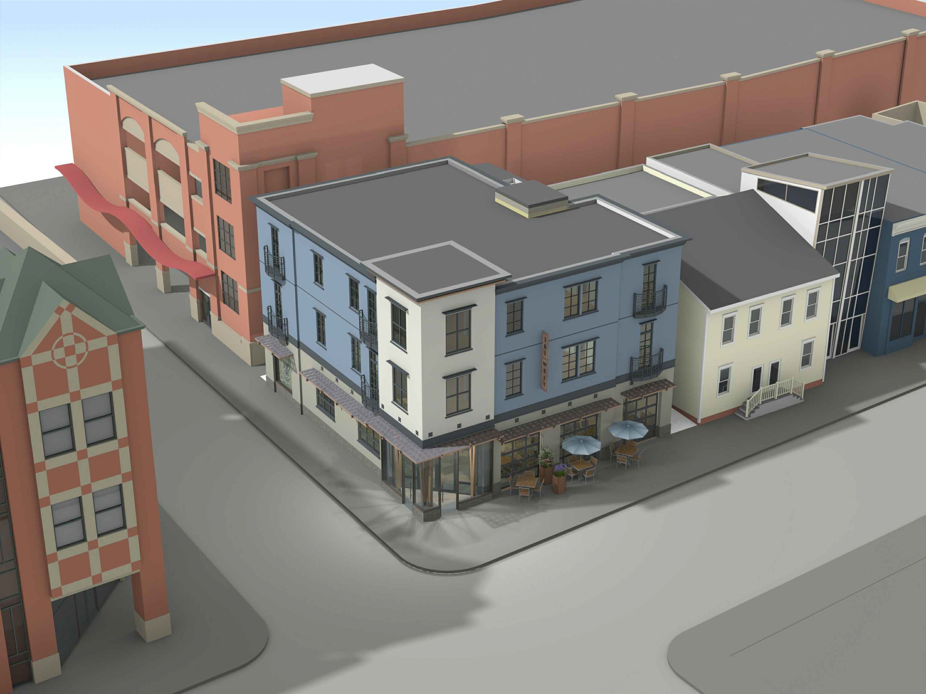 Renderings for the development at 161 West St. in downtown Annapolis show what a planned mixed-use building on the corner would look like, with a restaurant on the ground floor and apartments above.