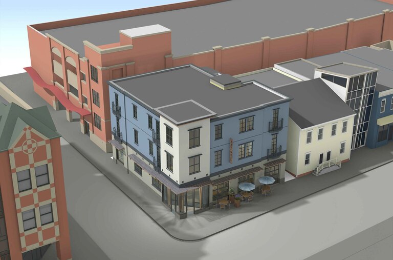 Renderings for the development at 161 West St. in downtown Annapolis show what a planned mixed-use building on the corner would look like, with a restaurant on the ground floor and apartments above.