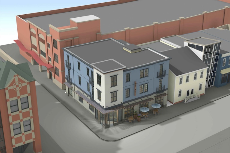 Renderings for the development at 161 West St. in downtown Annapolis show what a planned mixed-use building on the corner would look like, with a restaurant on the ground floor and apartments above.