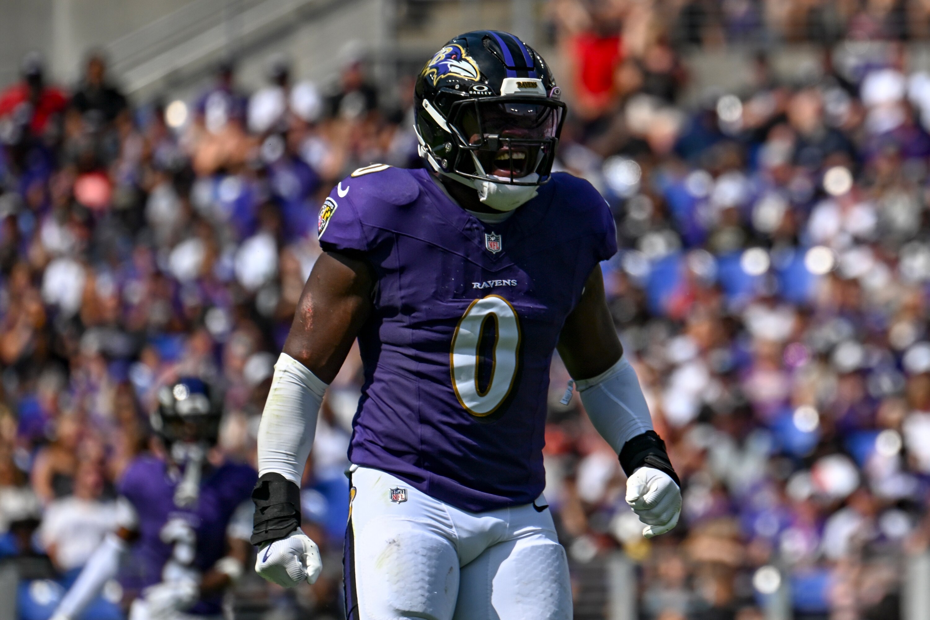 Baltimore Ravens inside linebacker Roquan Smith celebrates during the team’s Week 2 win over the Cleveland Browns.