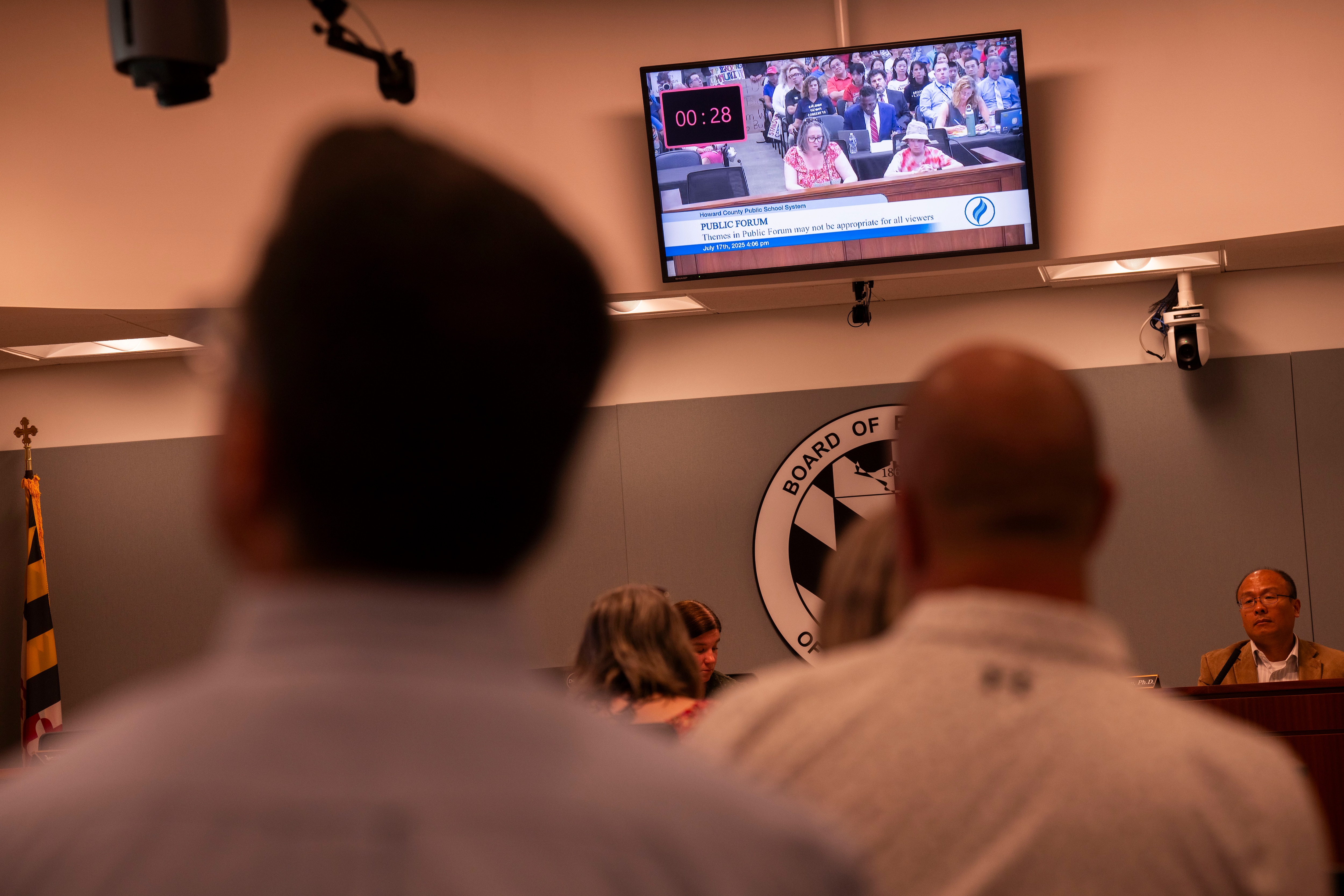 Community parent Cindy LaFollette speaks to the Howard County School Board during Thursday's meeting, which included redistricting proposals. 