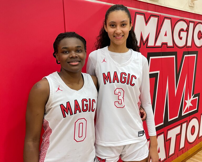 Mercy's Milan Brown (1) and Myah Hazelton led the No. 7 Magic to a 57-52 win over No 8 Old Mill Tuesday night. Brown hit two free throws with 13.2 seconds left to seal the win and Hazelton, a 6-4 junior center/forward, scored 27 points.