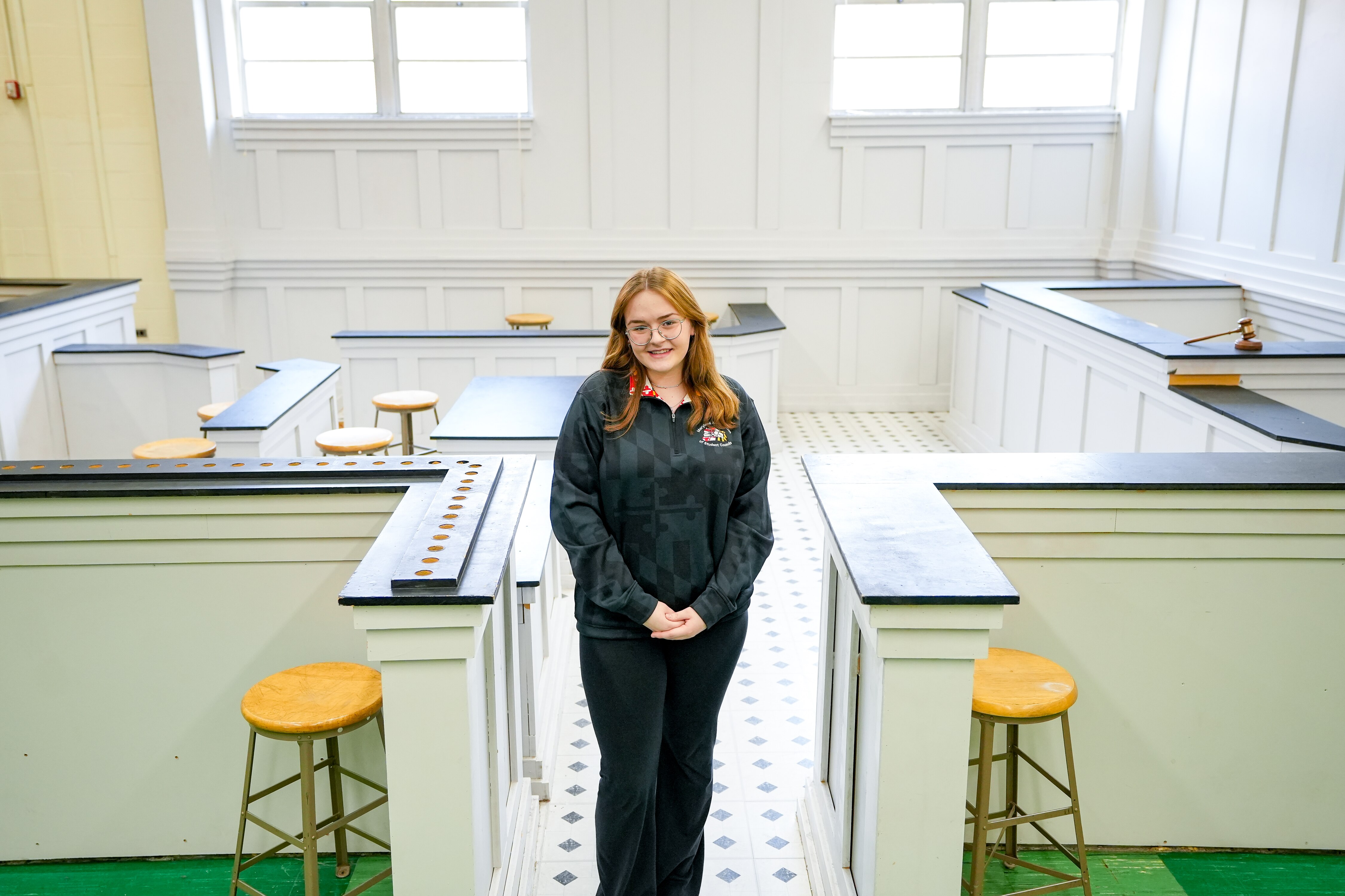 Student Maja Durkovic takes a protrait in her schools mock trial room located in Eastern Technical High School on February 9, 2023. Durkovic is one of two Maryland students, that. have been selected to participate in the U.S. Senate Program.