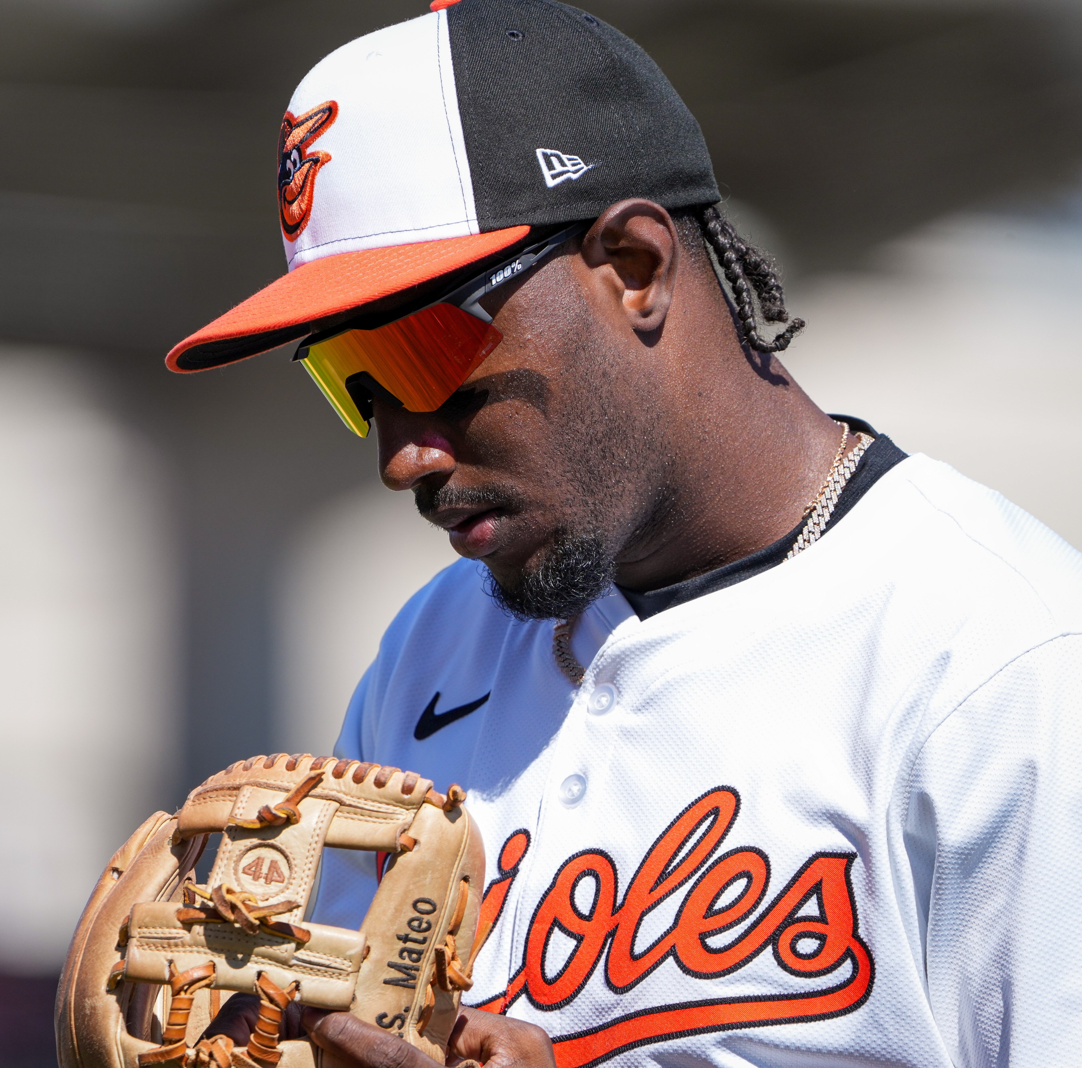 Baltimore Orioles shortstop Jorge Mateo (3) returns to the dugout during a Grapefruit League game against the Detroit Tigers at Ed Smith Stadium on Feb. 27, 2024.