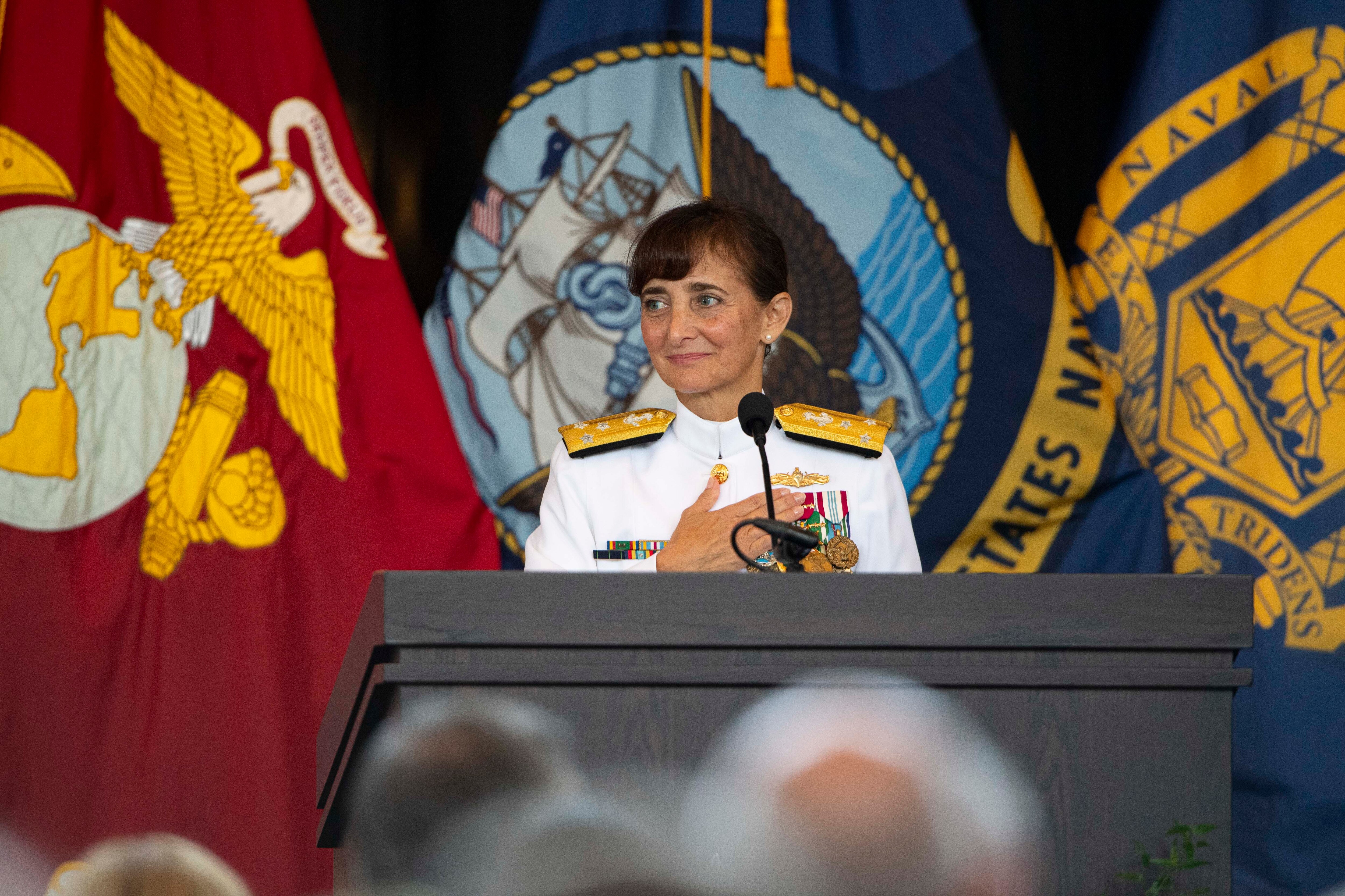 Vice Adm. Yvette Davids addresses the Naval Academy superintendent’s change of command ceremony Friday in Annapolis.