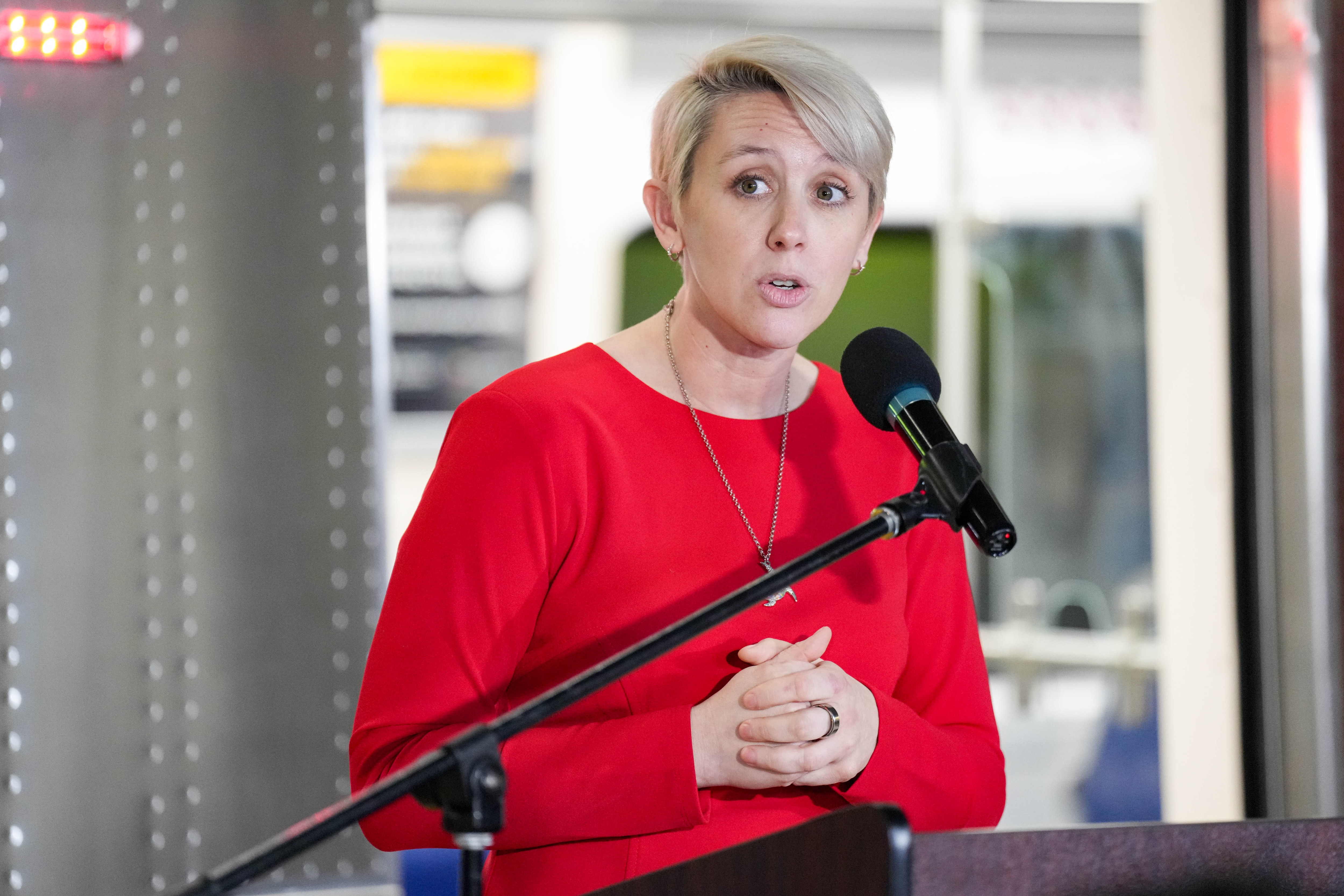 Maryland Transit Administrator Holly Arnold gives remarks during a news conference at the Johns Hopkins Hospital stop of the Metro SubwayLink system in Baltimore earlier this year.