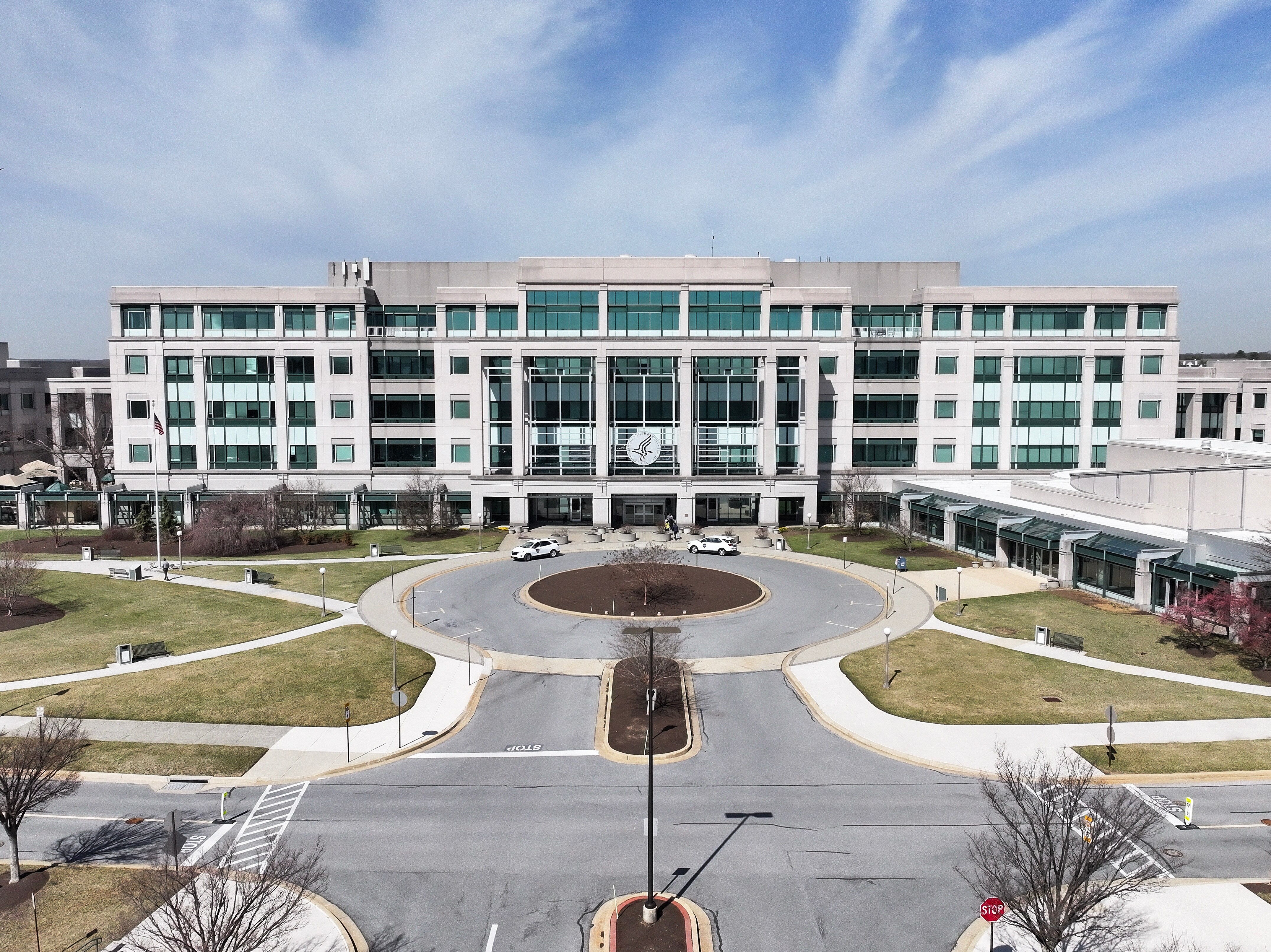 WOODLAWN, MARYLAND - MARCH 19: An aerial of the Centers for Medicare & Medicaid Services building on March 19, 2025 in Woodlawn, Maryland. Elon Musk's Department of Government Efficiency (DOGE), is focusing on the Medicare and Medicaid payment infrastructure as a way to make cost-saving cuts in the system.