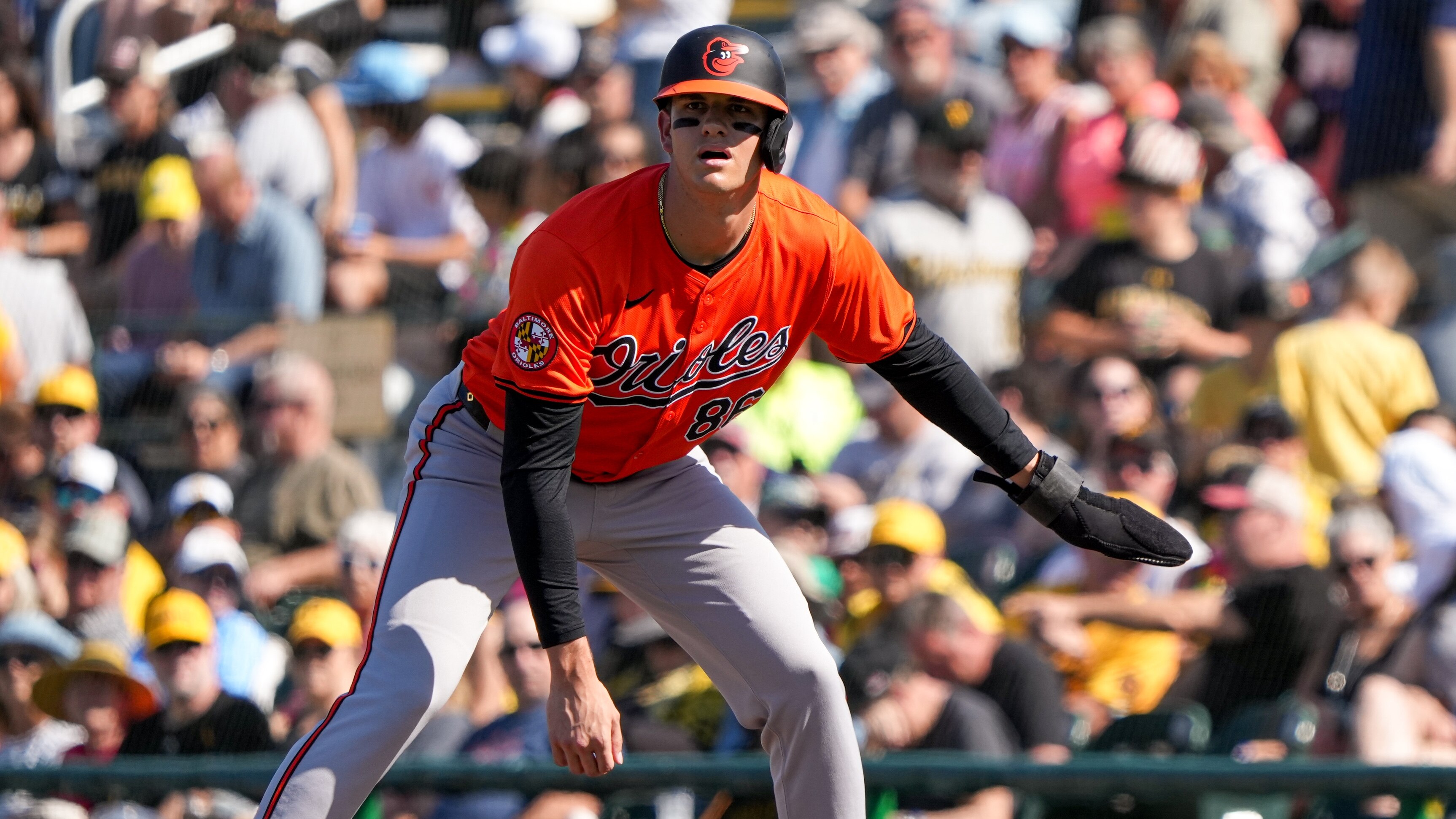 Baltimore Orioles designated hitter Coby Mayo (86) gets ready to run to second base during a Grapefruit League game against the Pittsburgh Pirates at LECOM Park on February 25, 2024. The Orioles beat the Pirates, 2-0, during Sunday’s game.
