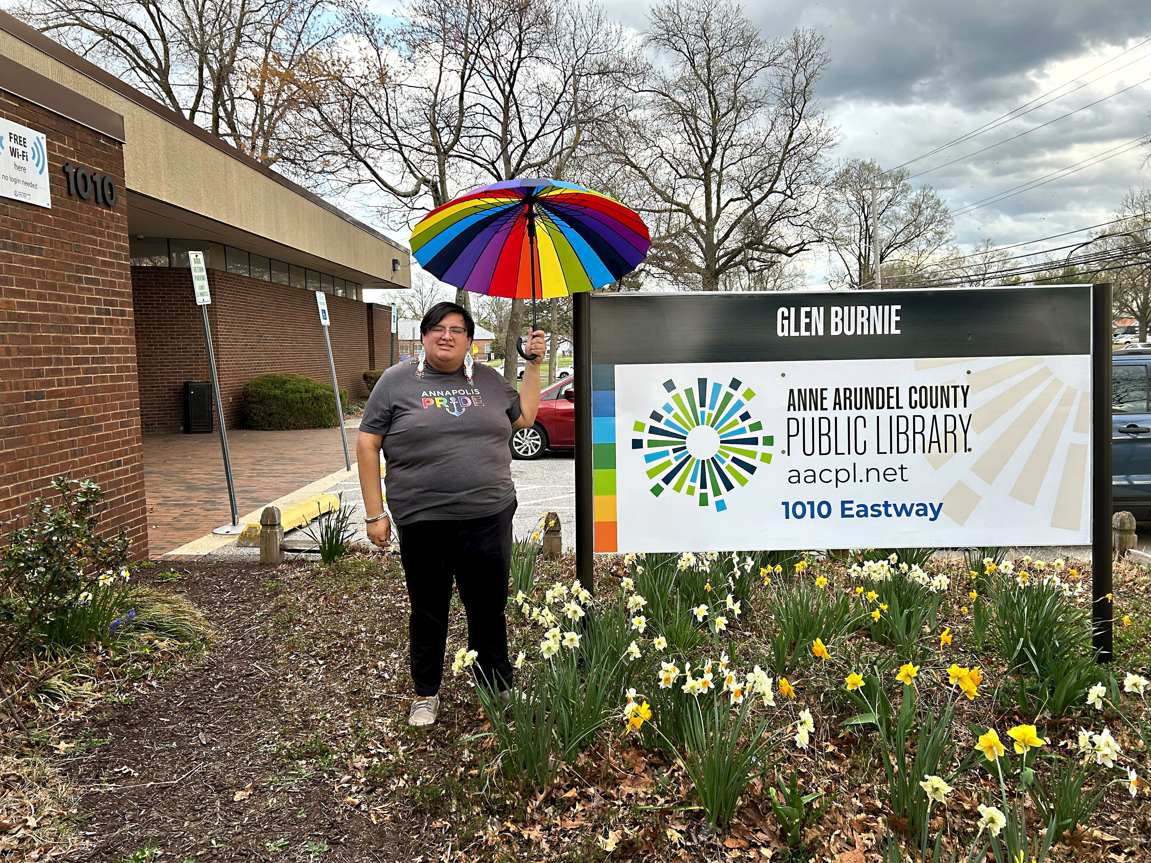 Joe Toolan, chair of Annapolis Pride and a member of the Maryland Commission on LGBTQIA+ Affairs, stands outside the Glen Burnie branch of the Anne Arundel County Public Library on Monday.
