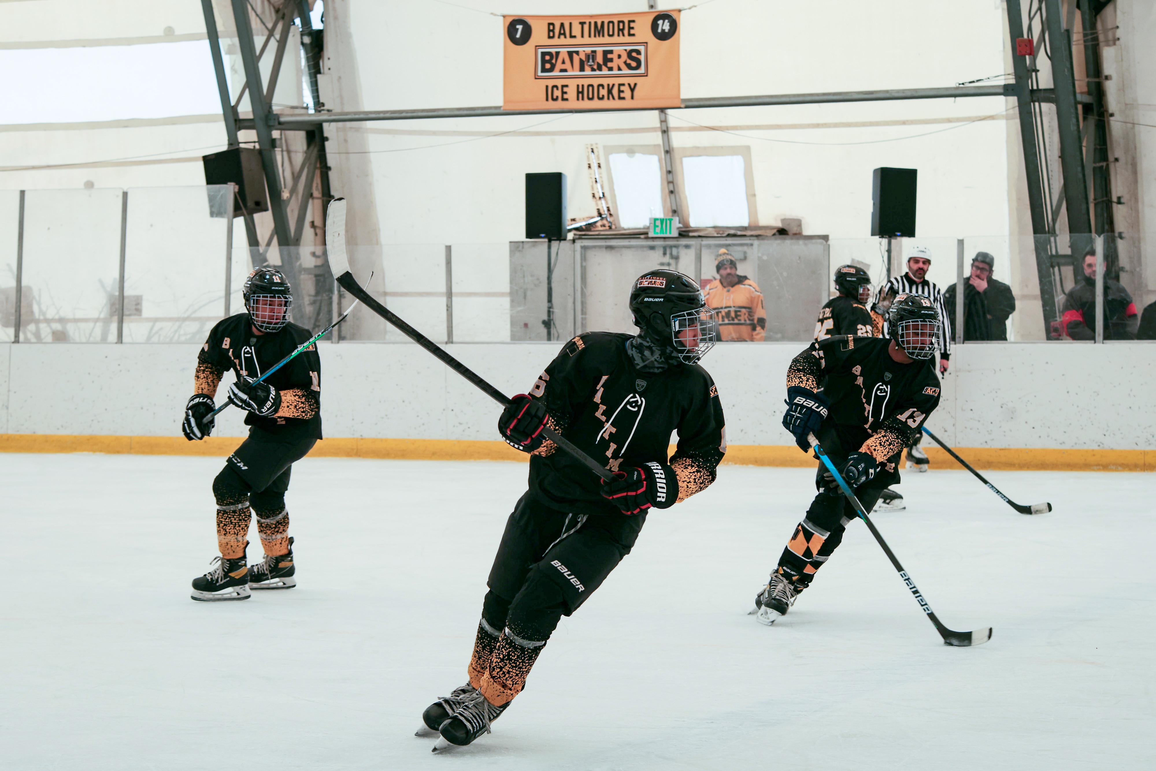 The Baltimore Banners hockey team faces off against Reisterstown’s Team Huss at the Mimi DiPietro Family Skating Center in Patterson Park on Saturday.