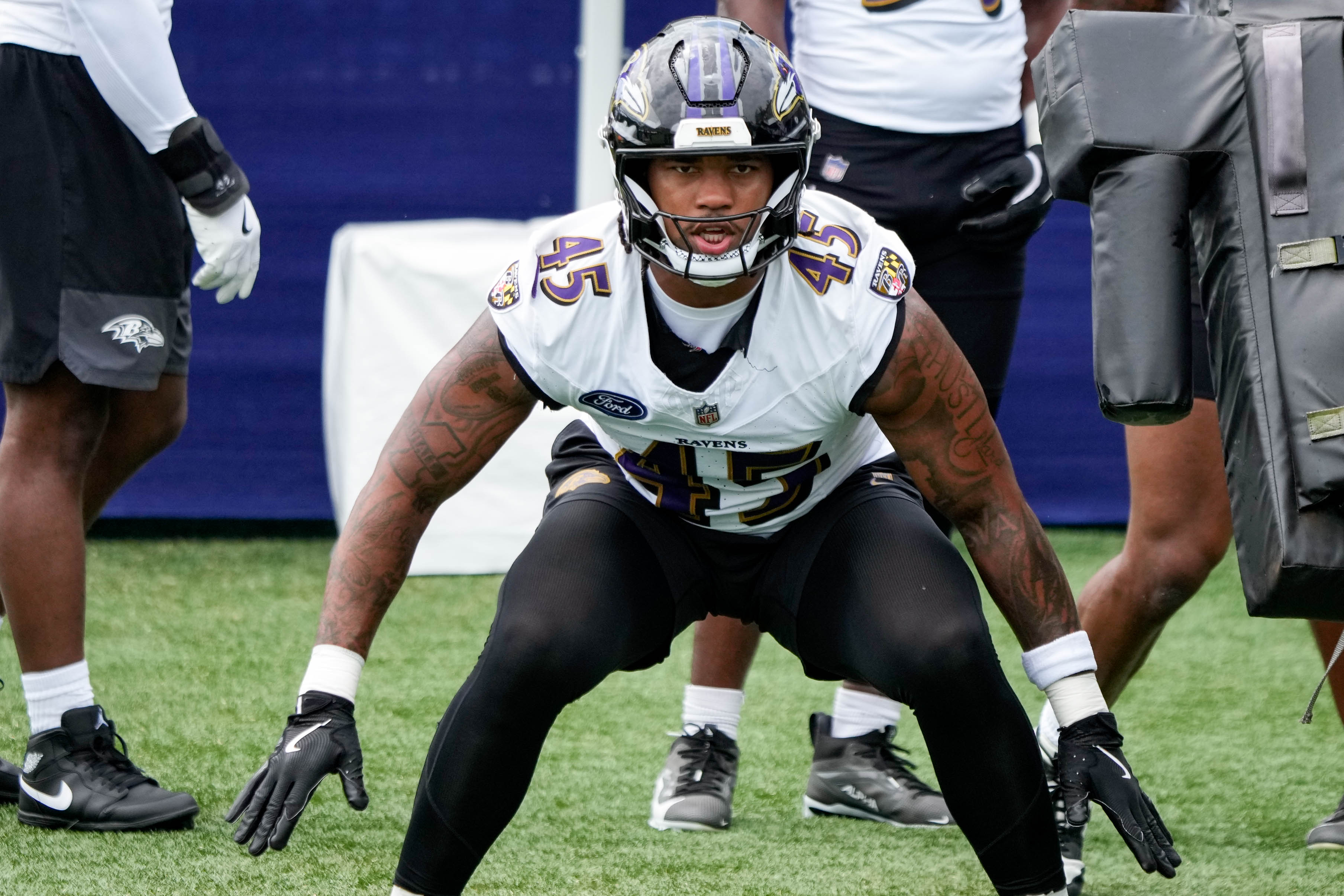 Ravens rookie Mike Green participates in a drill during training camp Thursday in Owings Mills.