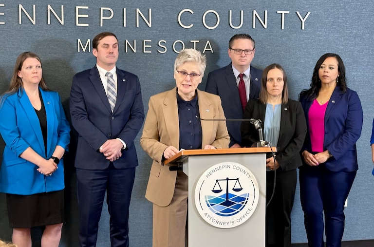 Hennepin County Attorney Mary Moriarty announces charges against an Immigration and Customs Enforcement agent related to a February incident on Thursday, April 16, 2026 in Minneapolis, Minn. (AP photo/Mark Vancleave)