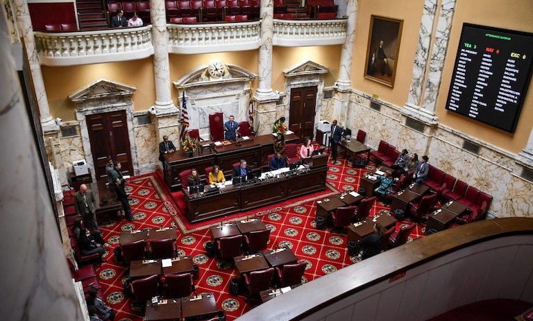 Most of the seats in the Maryland Senate are empty as President Bill Ferguson conducts a pro forma session on Friday, Jan. 16, 2026. These sessions allow the Senate to conduct basic business like introducing bills without having the full membership present.