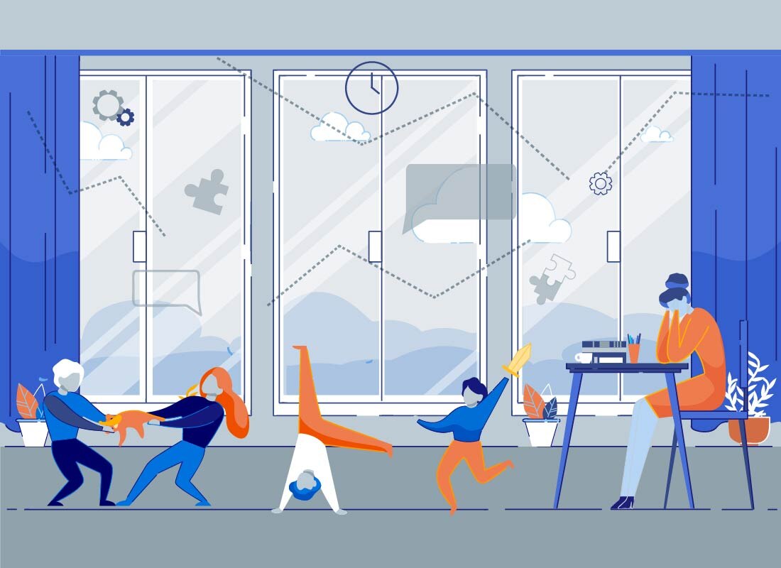 A teacher with students acting up and playing in the classroom.