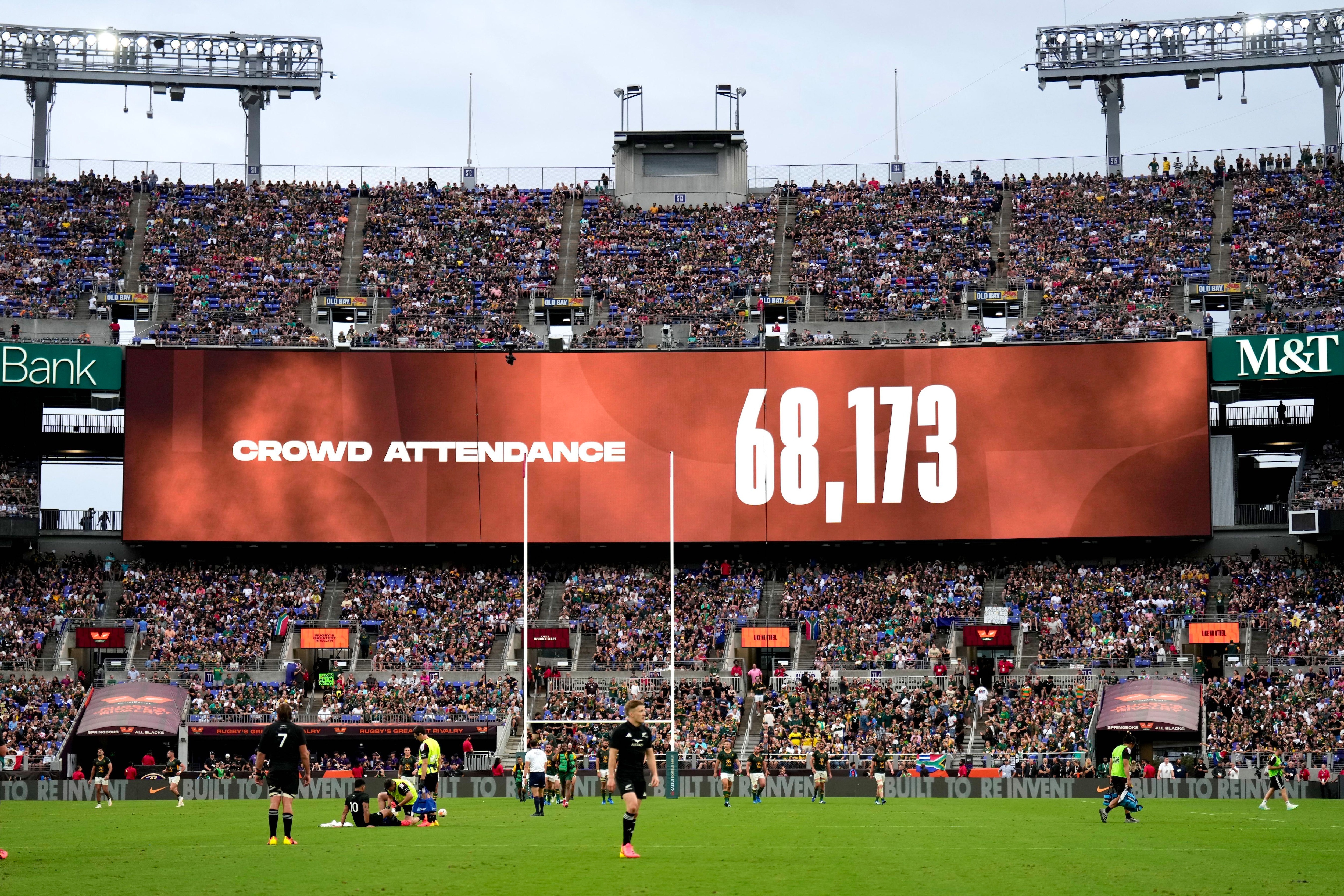 Rugby fans cheer at M&T Bank Stadium as the total attendance is announced and they're reminded that they're a part of history: highest attended rugby match ever in the US on Sept. 12, 2026.