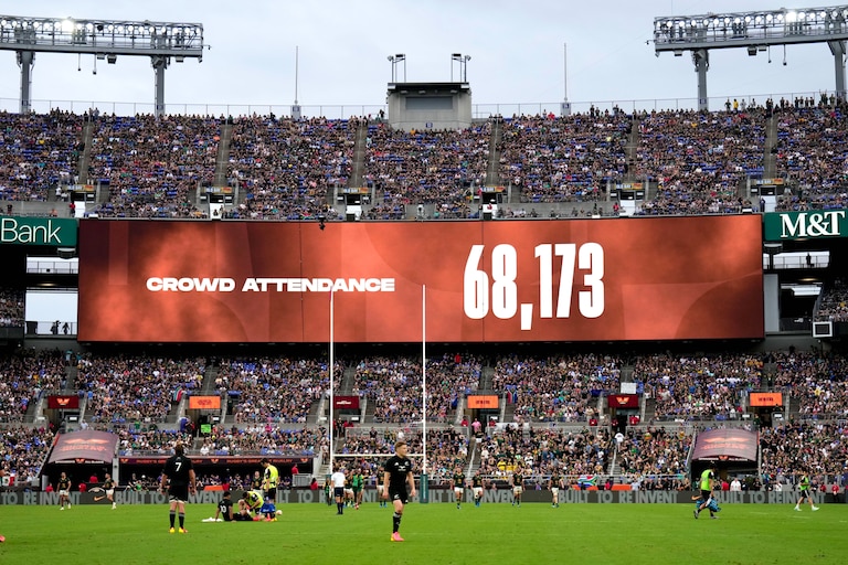 Rugby fans cheer at M&T Bank Stadium as the total attendance is announced and they're reminded that they're a part of history: highest attended rugby match ever in the US on Sept. 12, 2026.