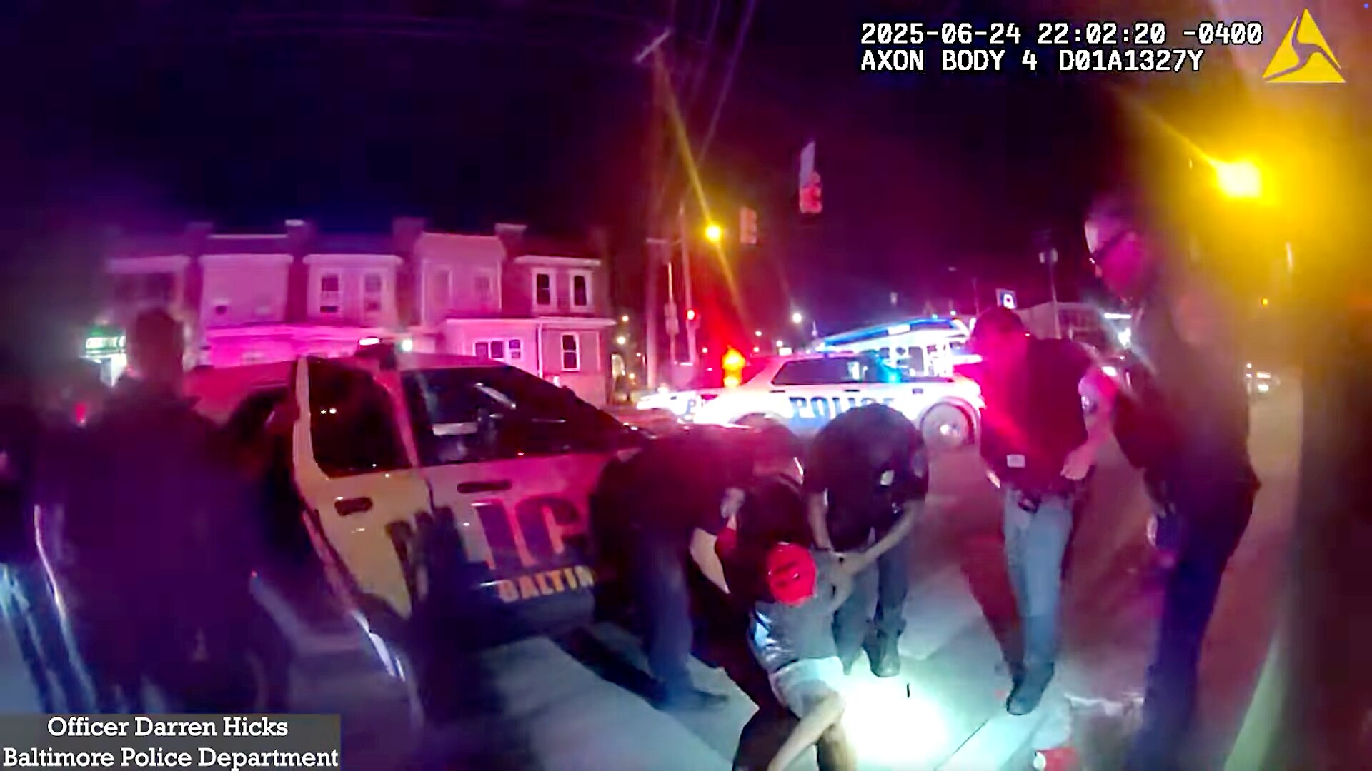 Body camera footage from June 24, 2025, shows police engaging with Dontae Melton, who they say was having a mental health crisis at the intersection of Franklintown Road and West Franklin Street. Officers detained the man in handcuffs and leg shackles.