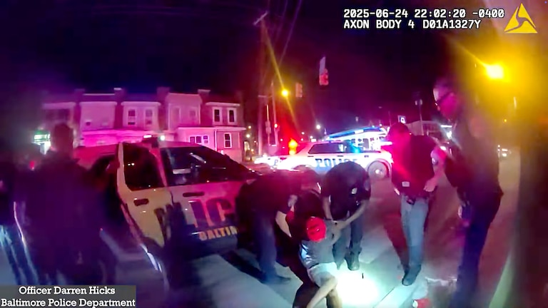 Body camera footage from June 24, 2025, shows police engaging with Dontae Melton, who they say was having a mental health crisis at the intersection of Franklintown Road and West Franklin Street. Officers detained the man in handcuffs and leg shackles.