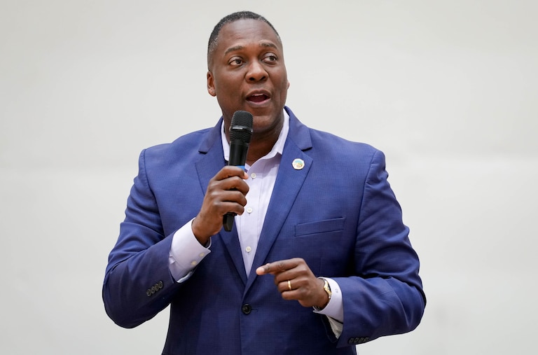 Howard County Executive Calvin Ball fields questions from attendees during a U.S. Congressional town hall meeting at Howard Community College’s Kahlert Complex in Columbia, Md. on Tuesday, March 11, 2025.