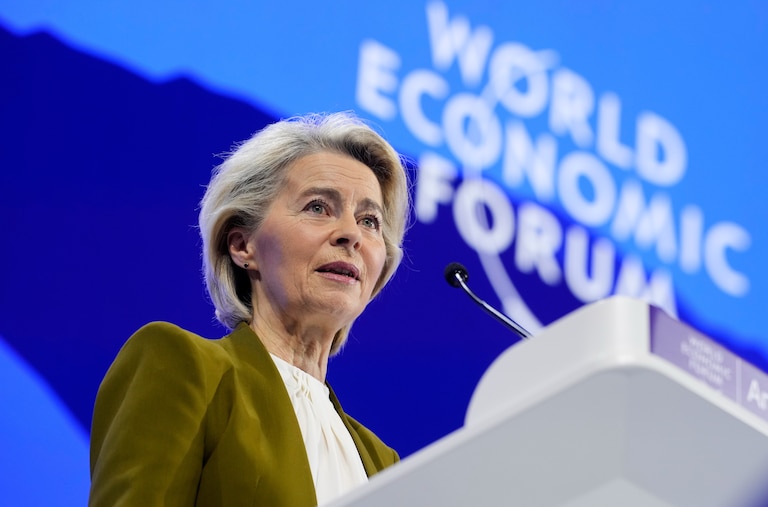 President of the European Commission Ursula von der Leyen talks during the Annual Meeting of the World Economic Forum in Davos, Switzerland, Tuesday, Jan. 20, 2026. (AP Photo/Markus Schreiber)