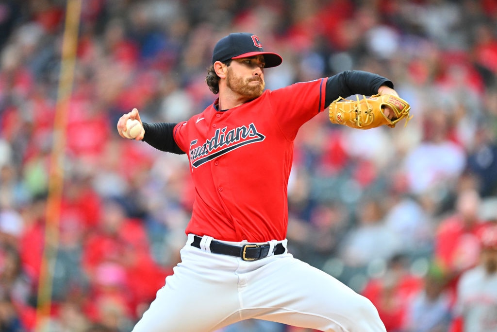 Starting pitcher Shane Bieber #57 of the Cleveland Guardians pitches during the first inning against the Cleveland Guardians at Progressive Field on September 27, 2023, in Cleveland, Ohio.