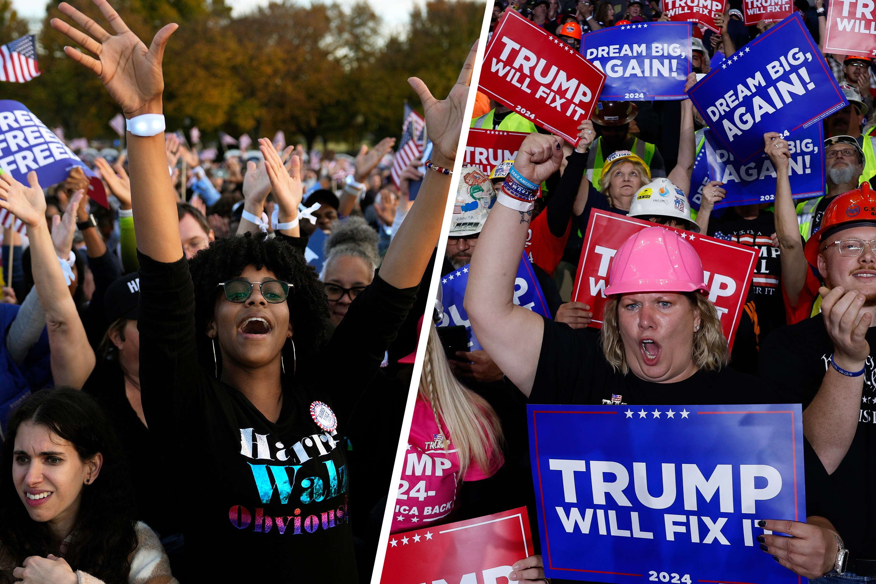 At left, supporters at a campaign rally for Vice President Kamala Harris in Washington, D.C., in October. At right, supporters at a campaign rally for former President Donald Trump in Pittsburgh, Pennsylvania, in November.