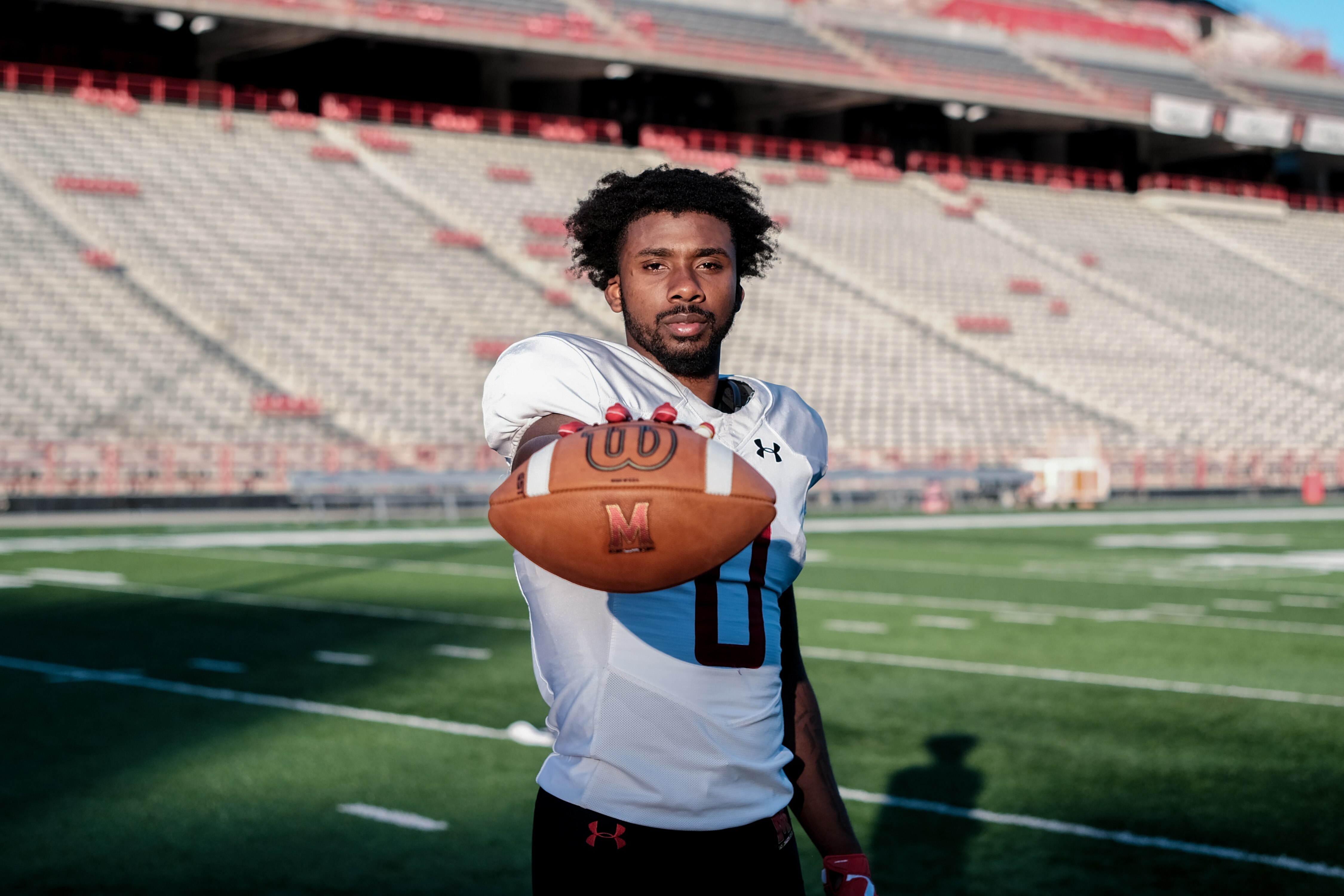 Tyrese Chambers, wide receiver from the University of Maryland, stands for a portrait on Sept. 19, 2023, at SECU Stadium in College Park, Maryland. A Poly graduate, Chambers has come back to his home state of Maryland for his final college football season, concluding his career.