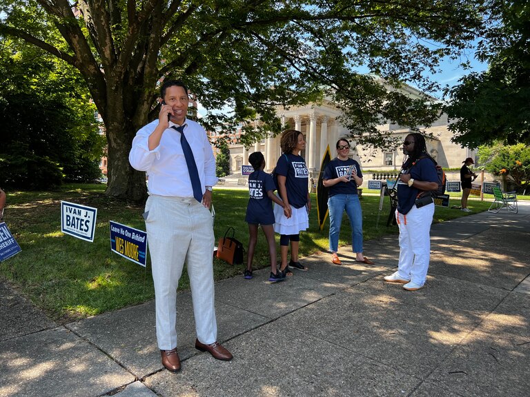 Ivan Bates, Democratic candidates of Baltimore State's Attorney, stands outside First English Lutheran Church in Guilford on Primary Election Day.