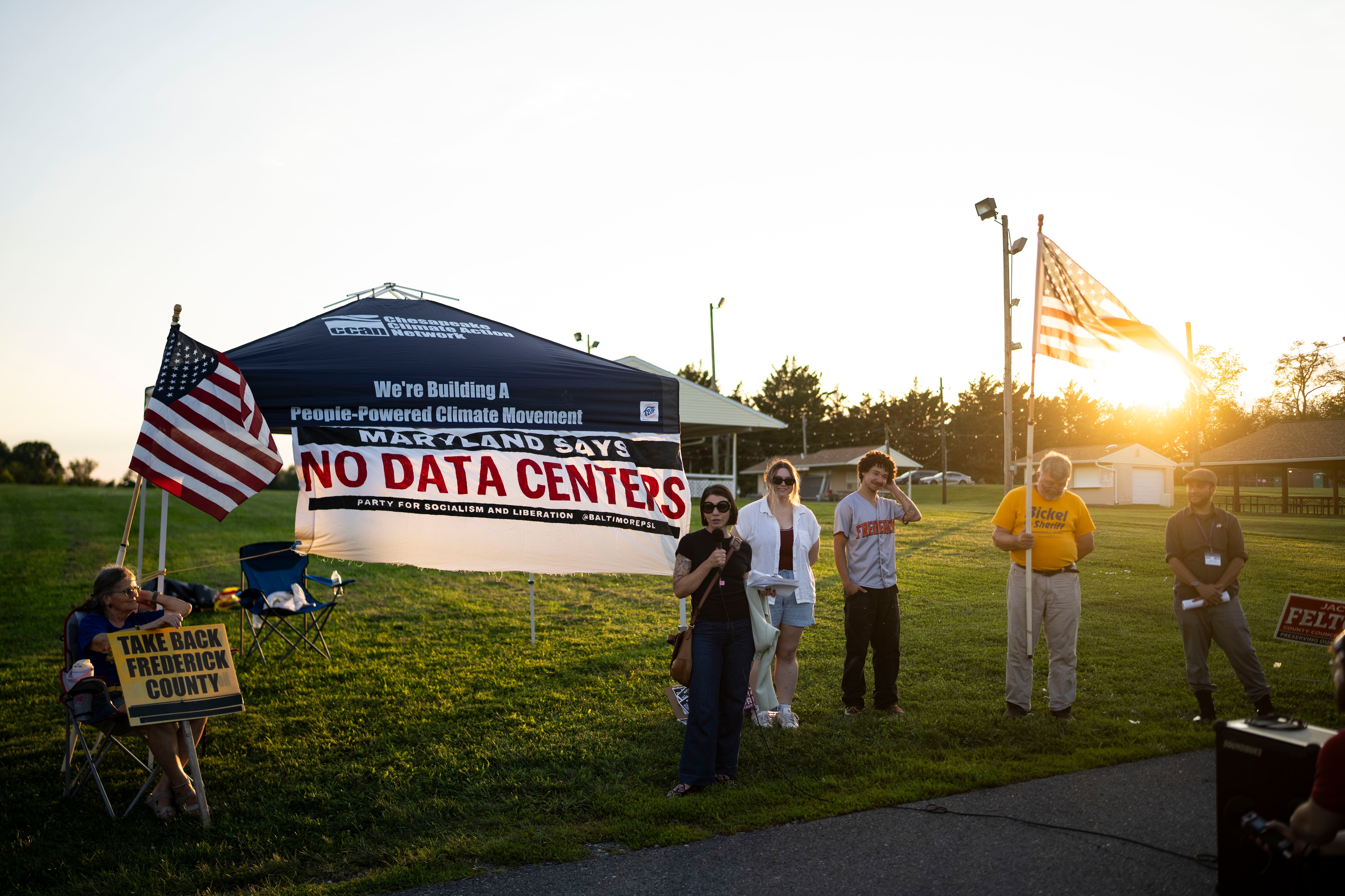 Louisa Conklin, Democratic candidate for Frederick County Council, speaks during a Data Center Rally outside of an Informational Open Houses on Data Centers at the Urbana Volunteer Fire Department banquet hall in Frederick last month.