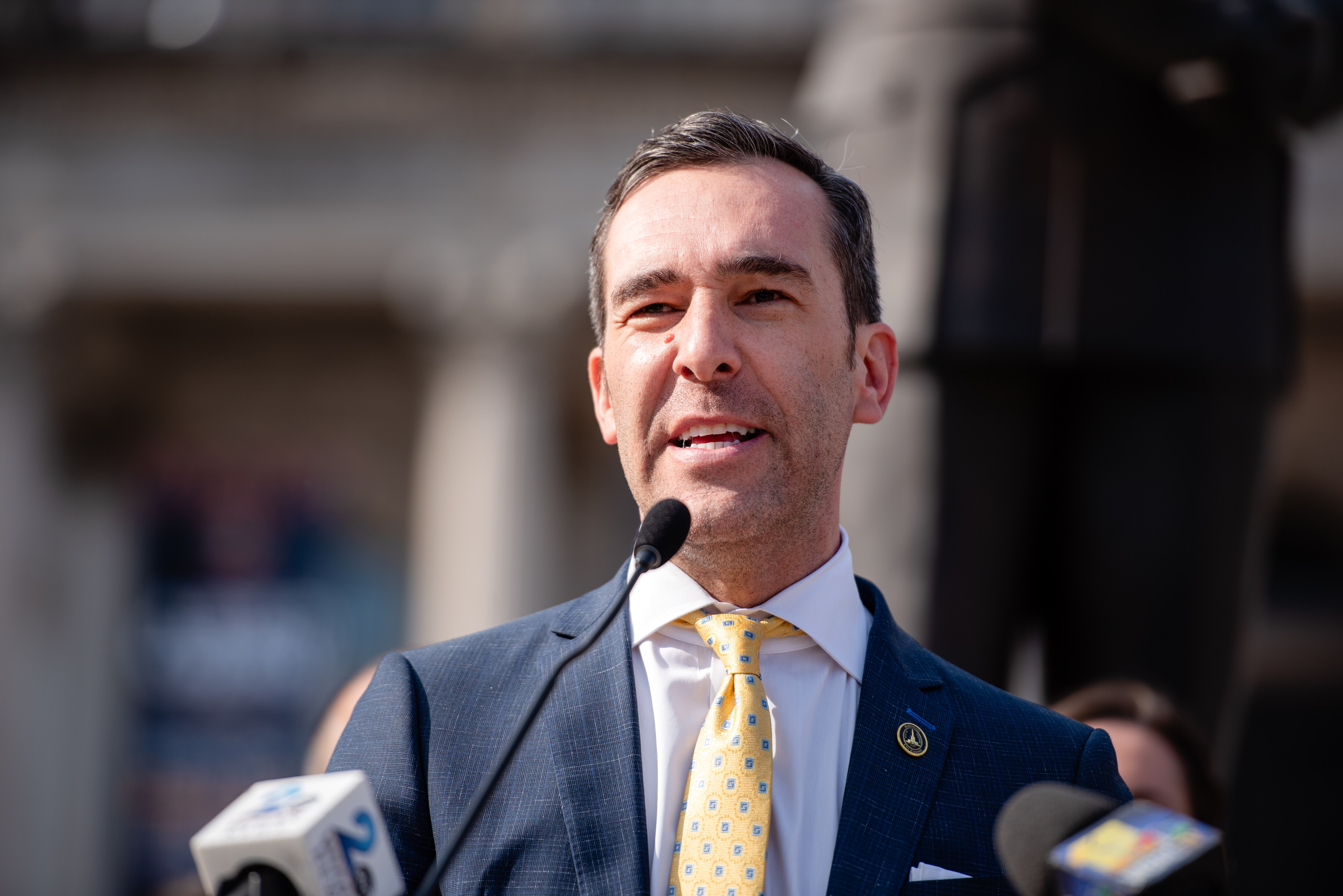Zeke Cohen, Baltimore City Council President, speaks during a press conference addressing rising BGE costs and legislation aimed at lower heating costs and improving public safety held outside of Baltimore City Hall on February 4, 2025 in Baltimore, MD.