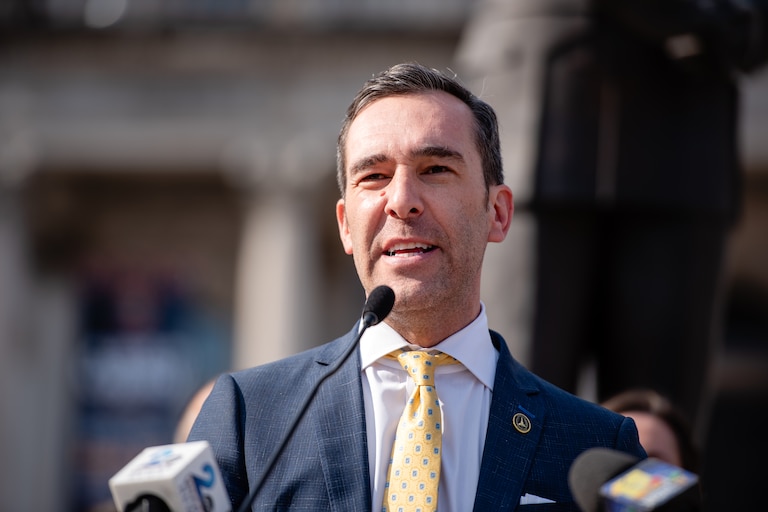 Zeke Cohen, Baltimore City Council President, speaks during a press conference addressing rising BGE costs and legislation aimed at lower heating costs and improving public safety held outside of Baltimore City Hall on February 4, 2025 in Baltimore, MD.