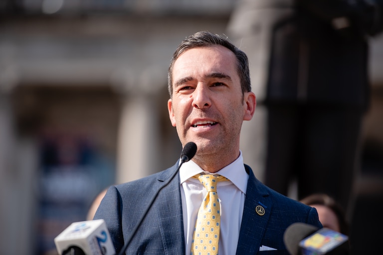 Zeke Cohen, Baltimore City Council President, speaks during a press conference addressing rising BGE costs and legislation aimed at lower heating costs and improving public safety held outside of Baltimore City Hall on February 4, 2025 in Baltimore, MD.