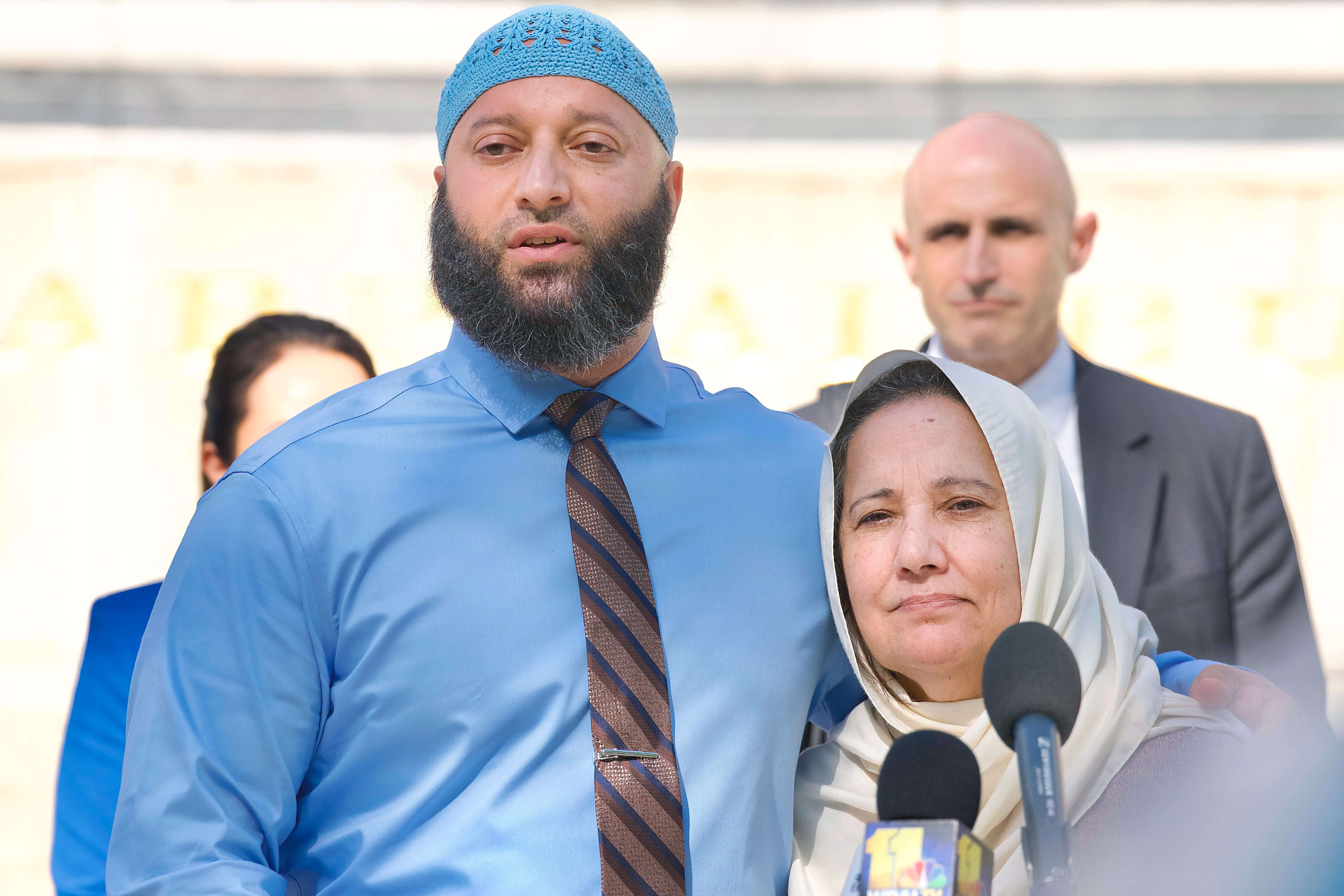 Adnan Syed and mother Shamim Syed  speak to the press after the Maryland Supreme Court hearing on Thursday to hear oral argument in the Adnan Syed case.