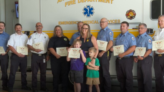 The family of a 7-year-old boy who nearly died after choking on a piece of meat reunited Monday with the first responders who helped save his life last month in Anne Arundel County.