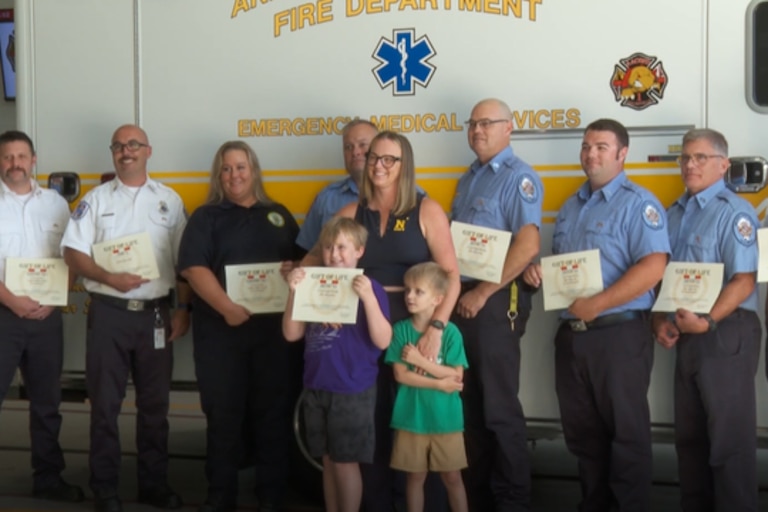 The family of a 7-year-old boy who nearly died after choking on a piece of meat reunited Monday with the first responders who helped save his life last month in Anne Arundel County.