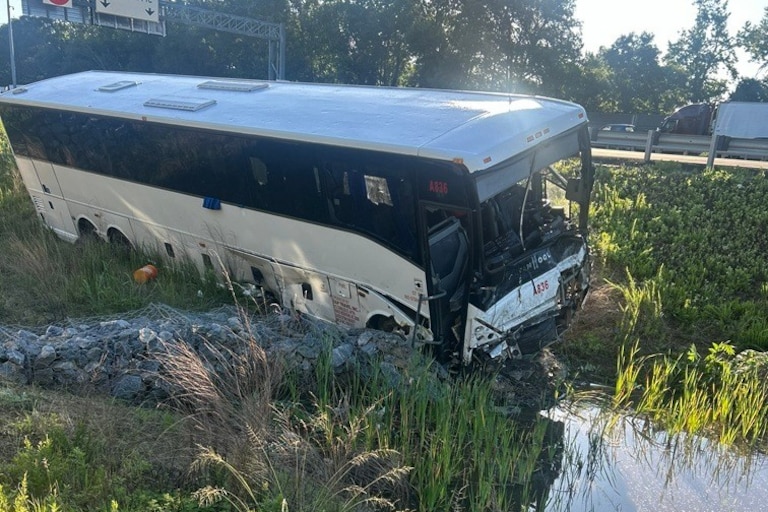 This photo, provided by the Virginia State Police, shows the scene of a fatal accident involving a passenger bus on Interstate 95 in near Quantico, Va., on Friday, May 29, 2026.