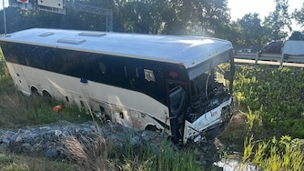 This photo, provided by the Virginia State Police, shows the scene of a fatal accident involving a passenger bus on Interstate 95 in near Quantico, Va., on Friday, May 29, 2026.